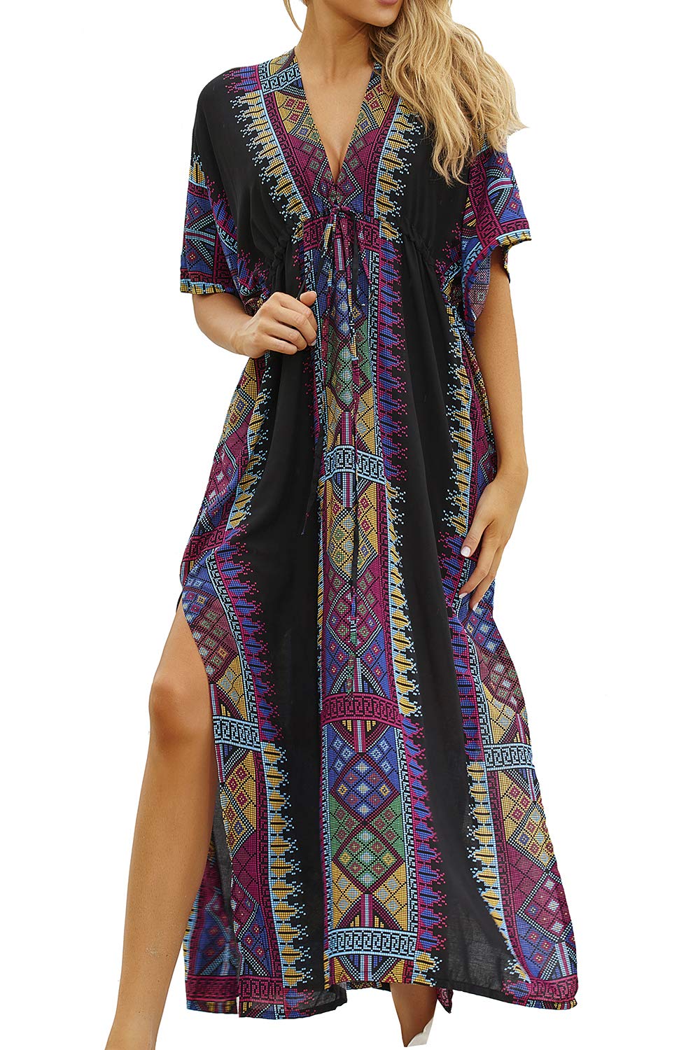 LikeJump Women's Cotton Print Kaftan Swimsuit Kimono Cover Up Loose Beach Robe Maxi Dress