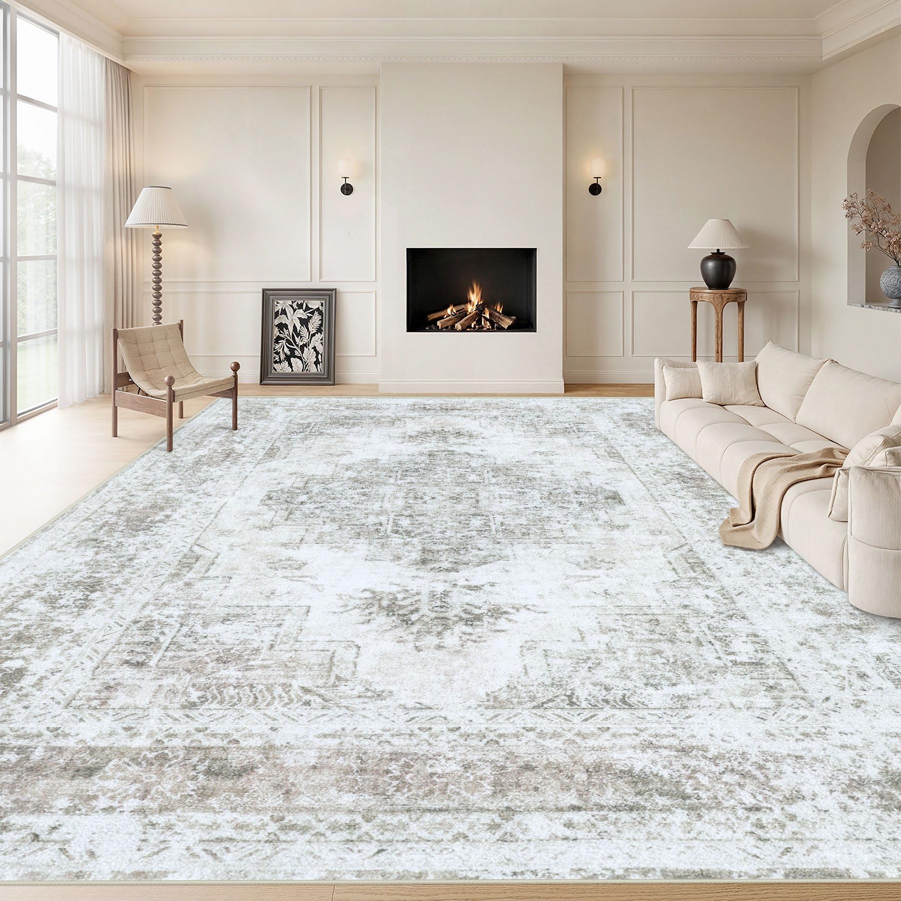 Area Rug 9x12 Living Room Rug, Machine Washable Vintage Distressed Medallion Rug Non-Slip Soft Low Pile Large Indoor Rugs for Bedroom Kitchen Dining Room Office(Taupe,9'x12')