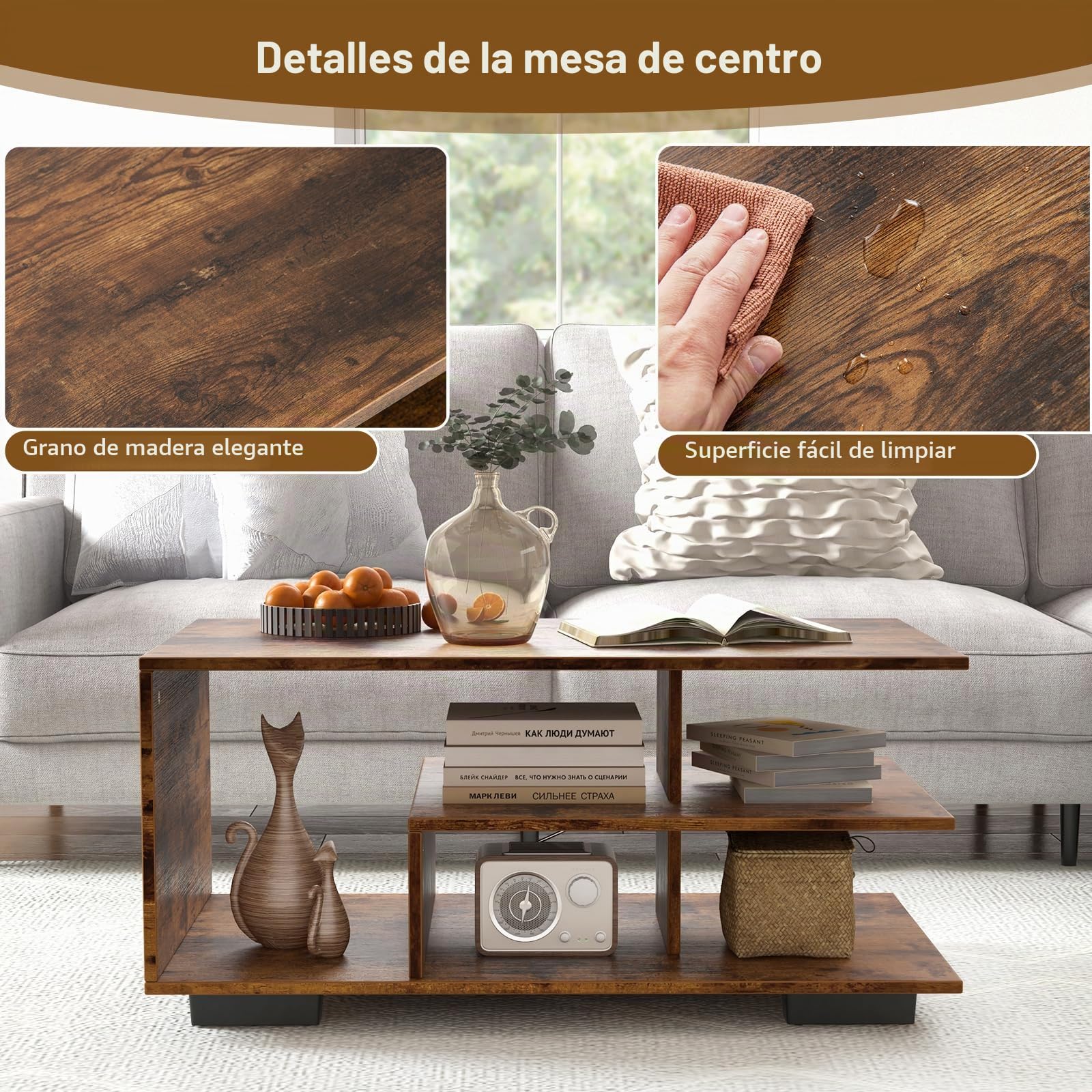 LIFEZEAL Mesa Centro de salón, Mesa Baja de sofá con 3 estantes, con 5 Compartimentos, Mesa de café de 3 Niveles para salón, Oficina, 90x50x42cm (Marrón)