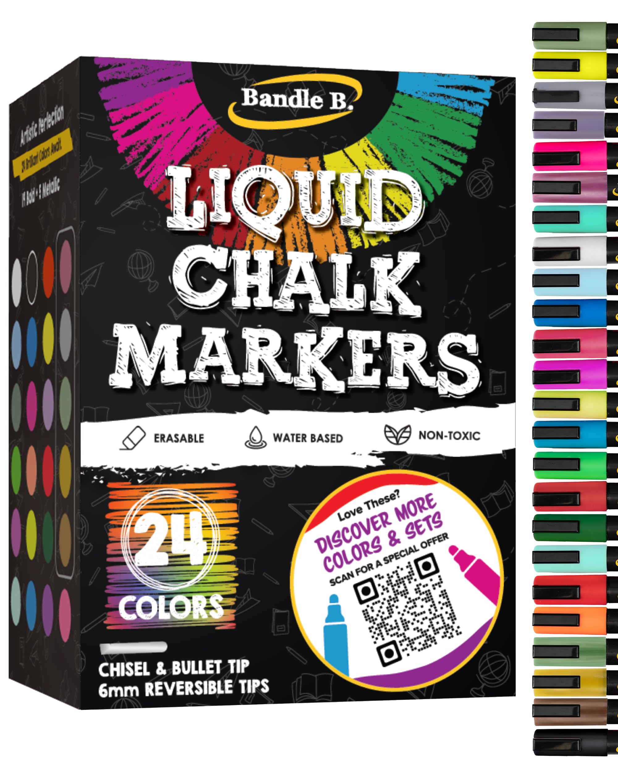 Bandle B. Chalk Markers - 24 Vibrant, Erasable, Non-Toxic, Water-Based, Reversible Tips. For Glass or Chalkboard Markers for Businesses, Restaurants, Liquid Drawing Chalk (Vibrant 6mm)