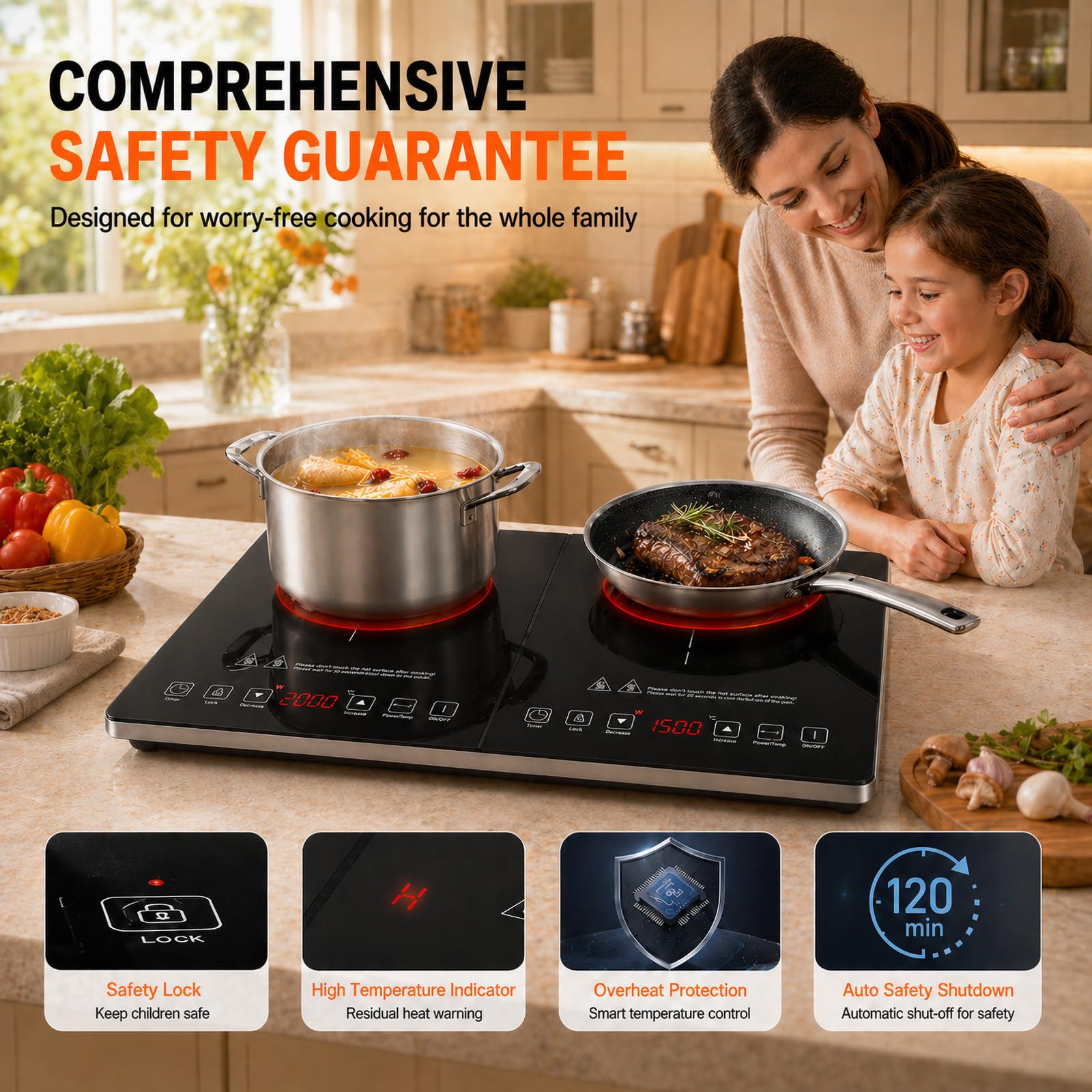 AMZCHEF Plaque Induction 2 Feux, Table de Cuisson 3500 W, 20 Niveaux de Température, Minuterie 3 Heures