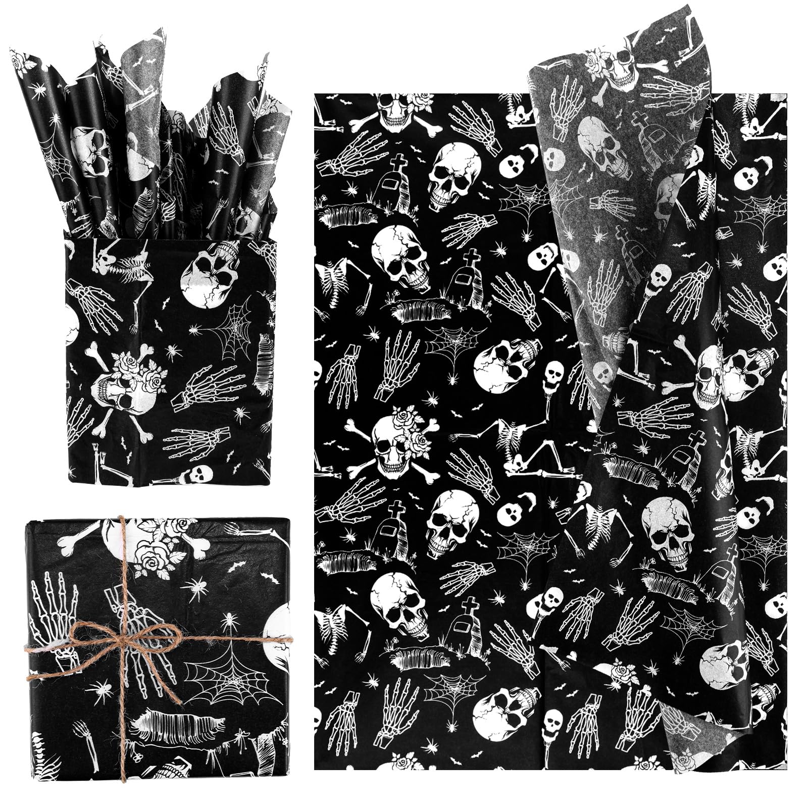 30pcs Halloween Wrap Tissue Paper, 19.69x13.78in Skull Pattern Goth Gothic Gift Wrapping Papers Foldable Black Spooky Horror Tissue Paper for Halloween Party Decorations Supplies