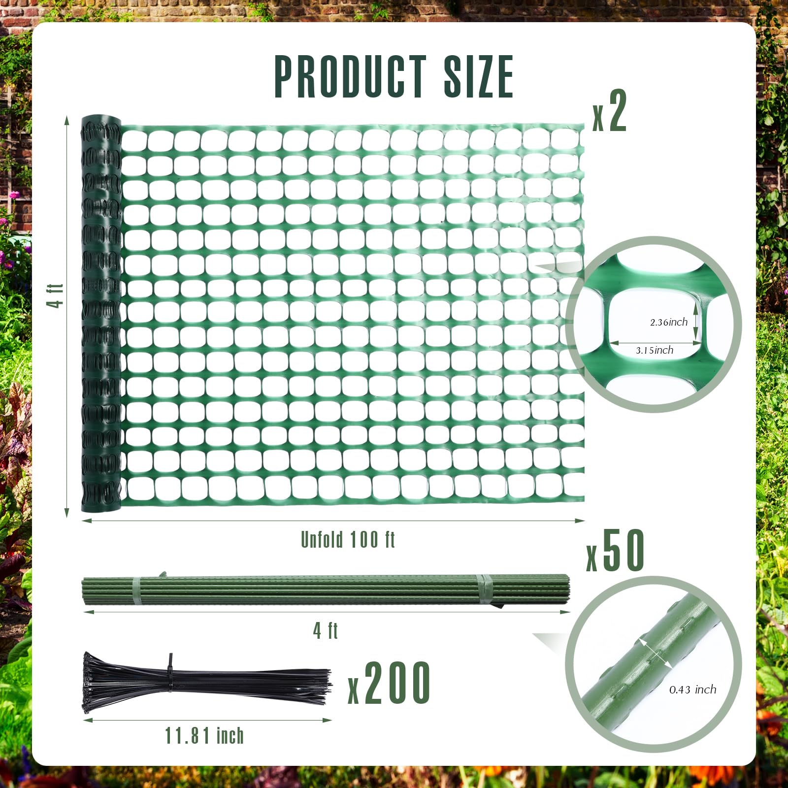 Thyle 2 Roll Plastic Garden Fence 4 x 100 ft Mesh Fencing Roll Outdoor Snow Fence with 50 Fence Stakes 200 Cable Ties Green Temporary Poultry Fence Safety Construction Barrier Net for Yard Pet Plants