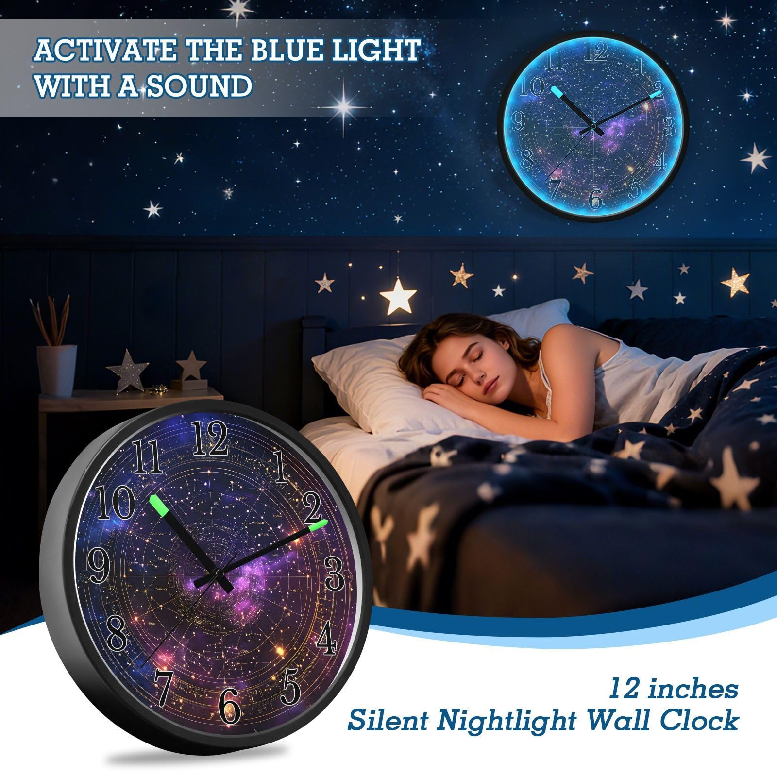 Mnsruu Reloj de pared con diseño de galaxia misteriosa, luminoso, funciona con pilas, silencioso, brilla en la oscuridad, para sala de estar, cocina, 12 pulgadas