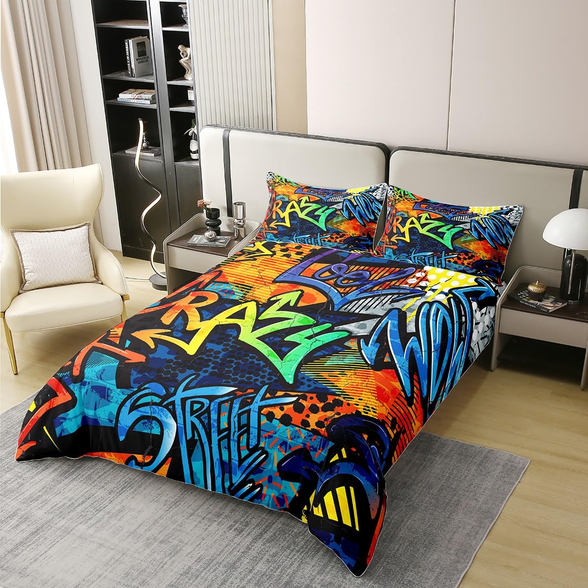 Homemissing Hippie Graffiti Style Housse de Couette 220x240cm 100% Coton Adolescent Hip Hop décoration Enfants Parure de Lit Garçon Fille Graffiti Motif Literie Set Street Culture Série 3 pièces