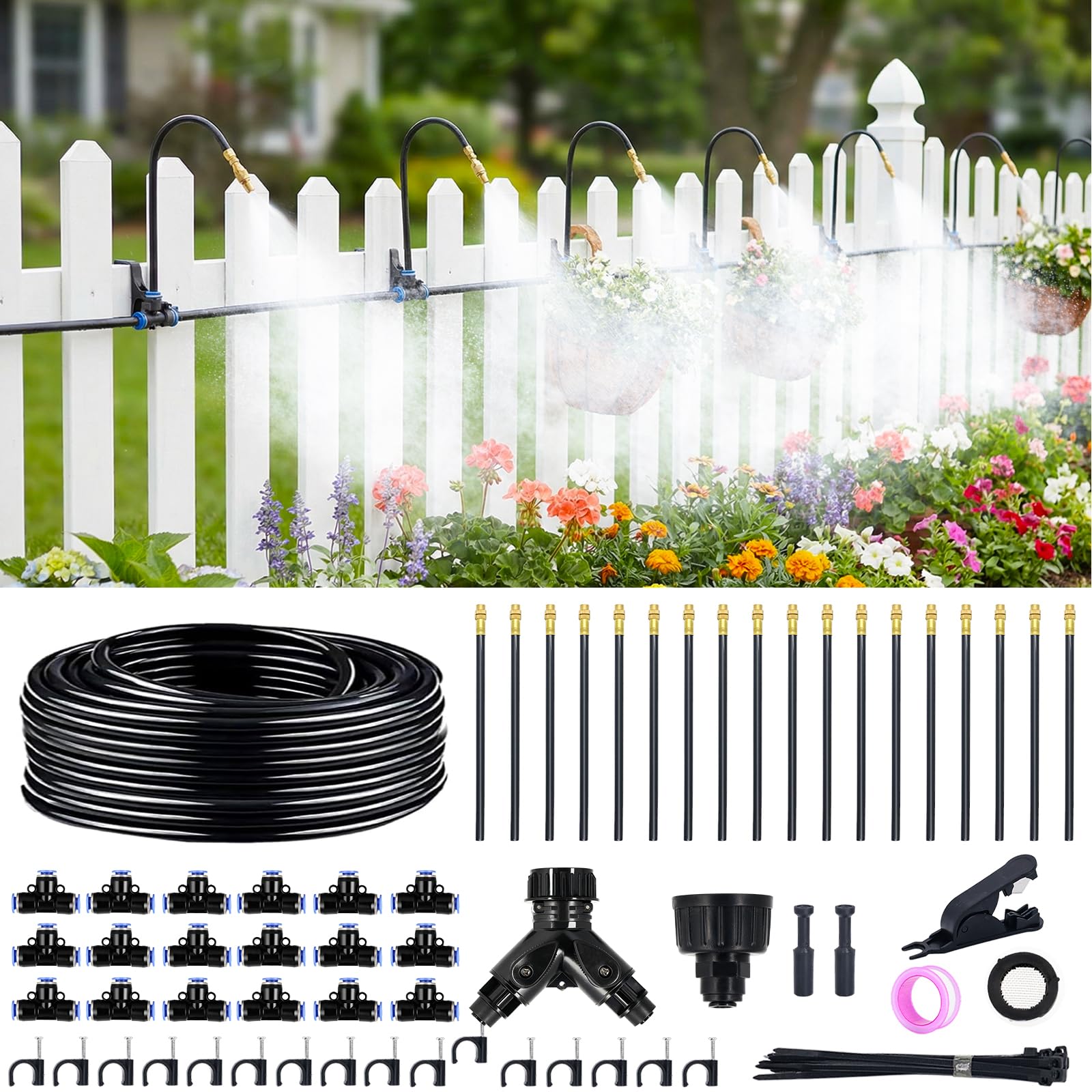 100FT 360° Adjustable Drip Irrigation Kit – 1/4" Tubing with 18 Nozzles, Full-Circle Spray for Greenhouse, Vegetable Garden & Potted Plants, Water-Saving DIY Irrigation System