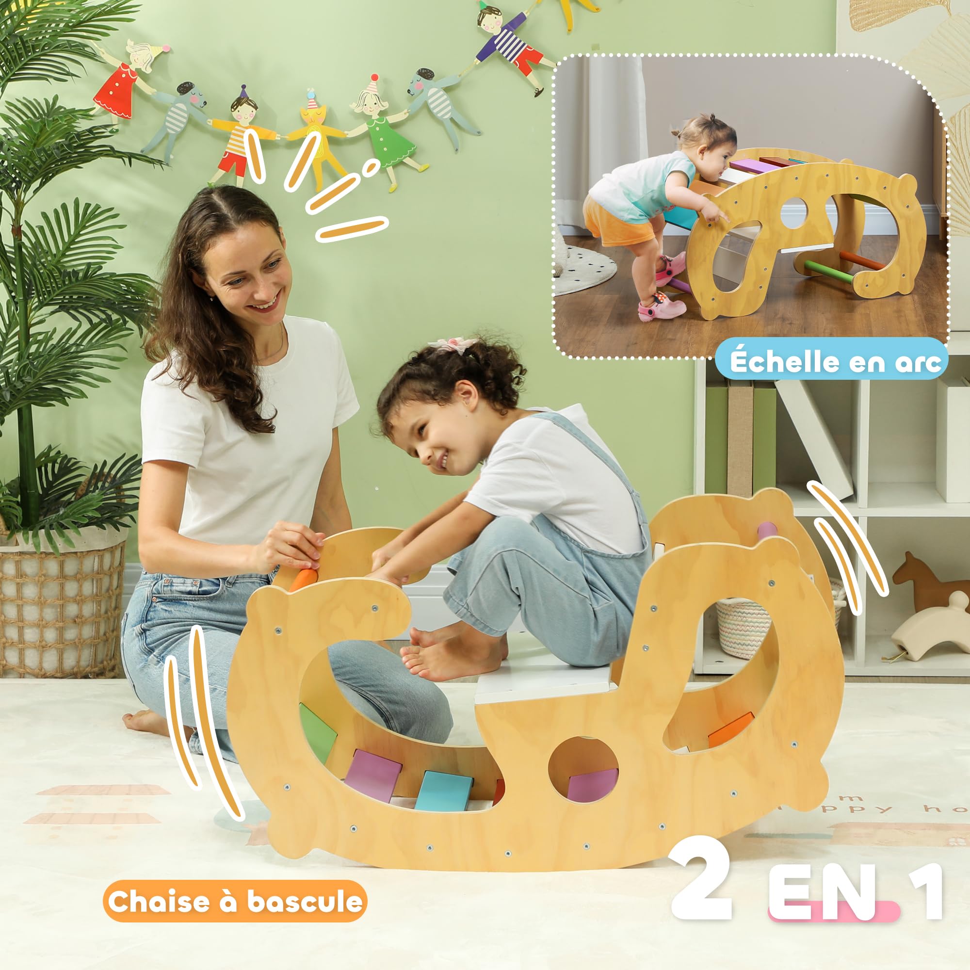 AIYAPLAY Montessori klimrek voor binnen, 2 in 1 klimboog van hout, voor