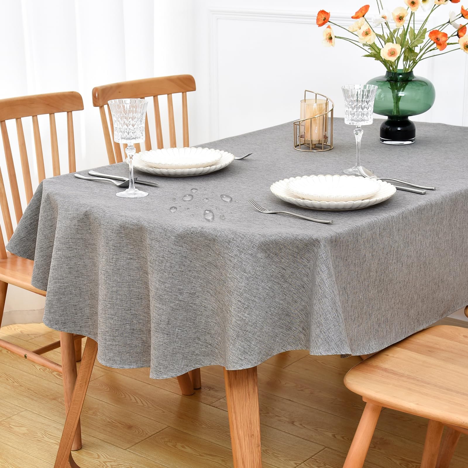 NEWISHER Farmhouse Water Resistant Oval Tablecloth 178x230 cm (70x90 inch), Faux Linen Table Cloth Wipe Clean, Washable Table Cover for Kitchen Dining, Party, Banquet Indoor Outdoor (Grey)