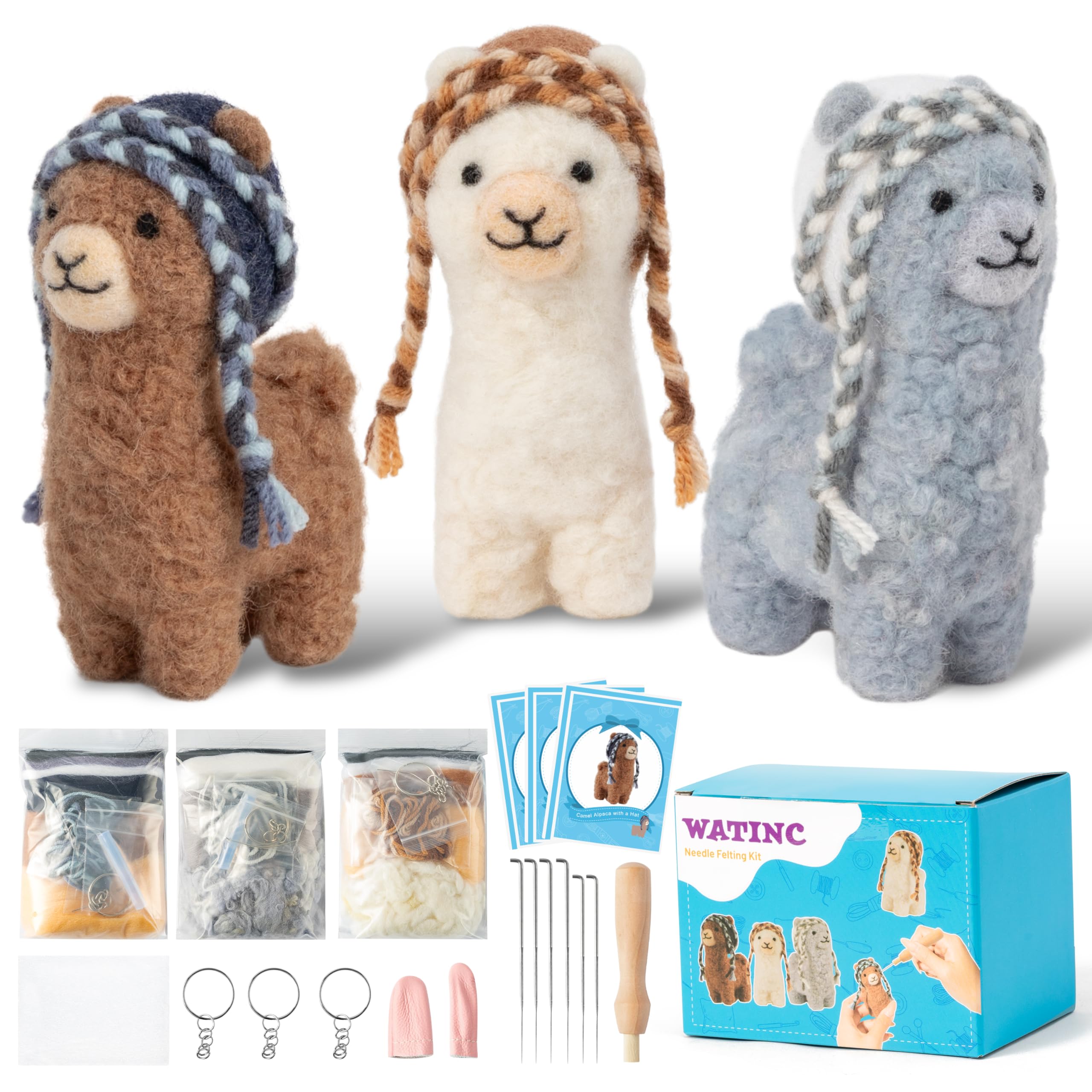 WATINC Alpaca Needle Felting Kit - Set of 3 Different Alpaca Doll Wool Felt Needle Felting Tools Foam Pad, DIY Home Decoration Needle Felting Craft Party Supplies for Beginners