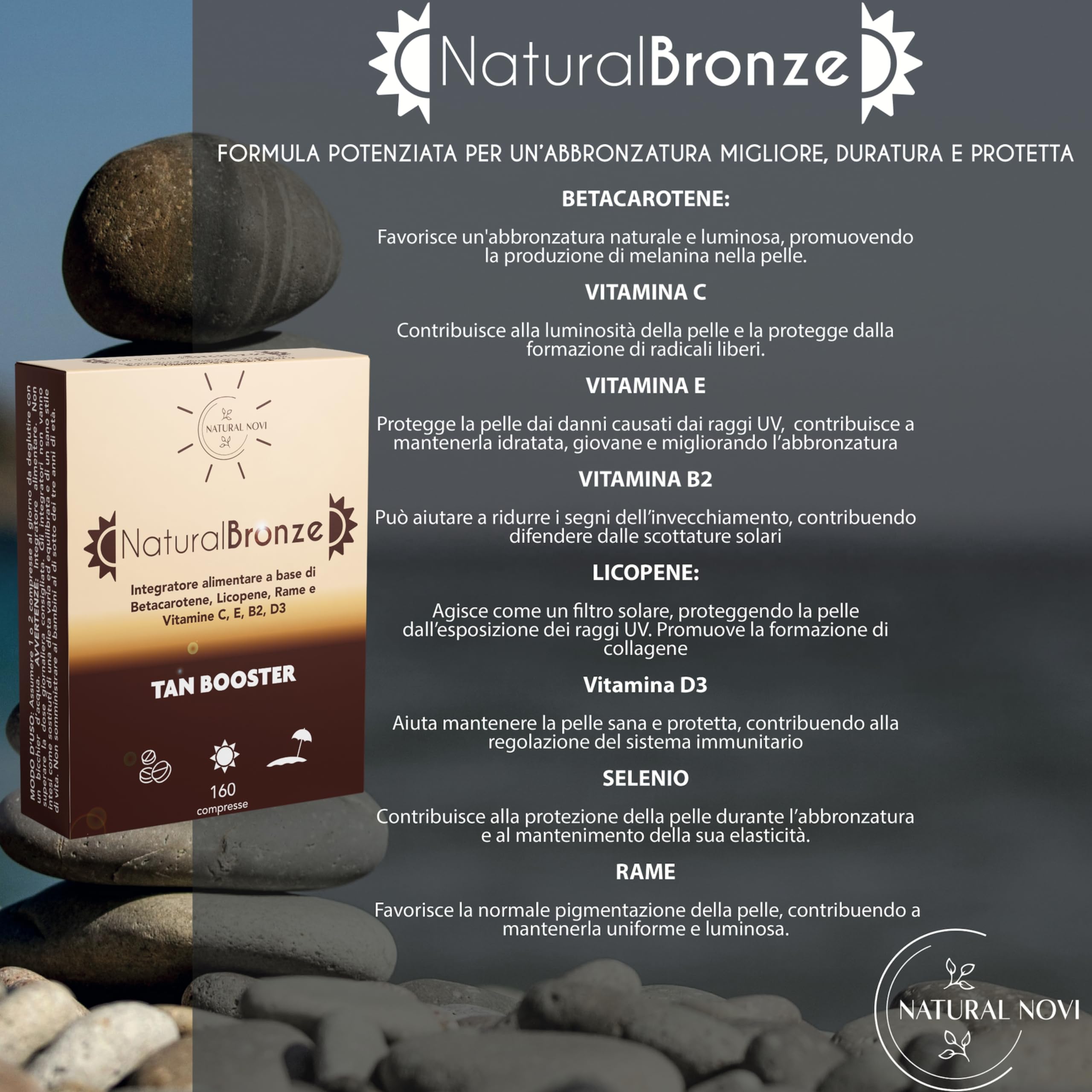 Integratore Abbronzatura NaturalBronze | 160 compresse | Betacarotene, Licopene, Rame, Selenio, Vitamine B, C, D, E | Attivatore Abbronzatura forte | Prepara accelera protegge e mantiene pelle dorata