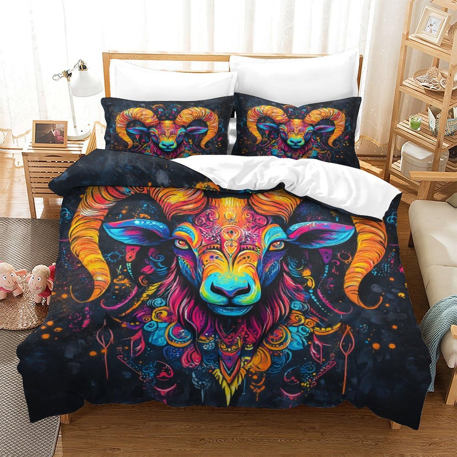 RNDKAUUIE Painted Goat 3D Printed Bedding Sets Lightweight Easy Care Microfibre Soft Goat Comforter Cover with Pillow Shams 3 Pieces Shams for All Seasons Single（140x200cm）