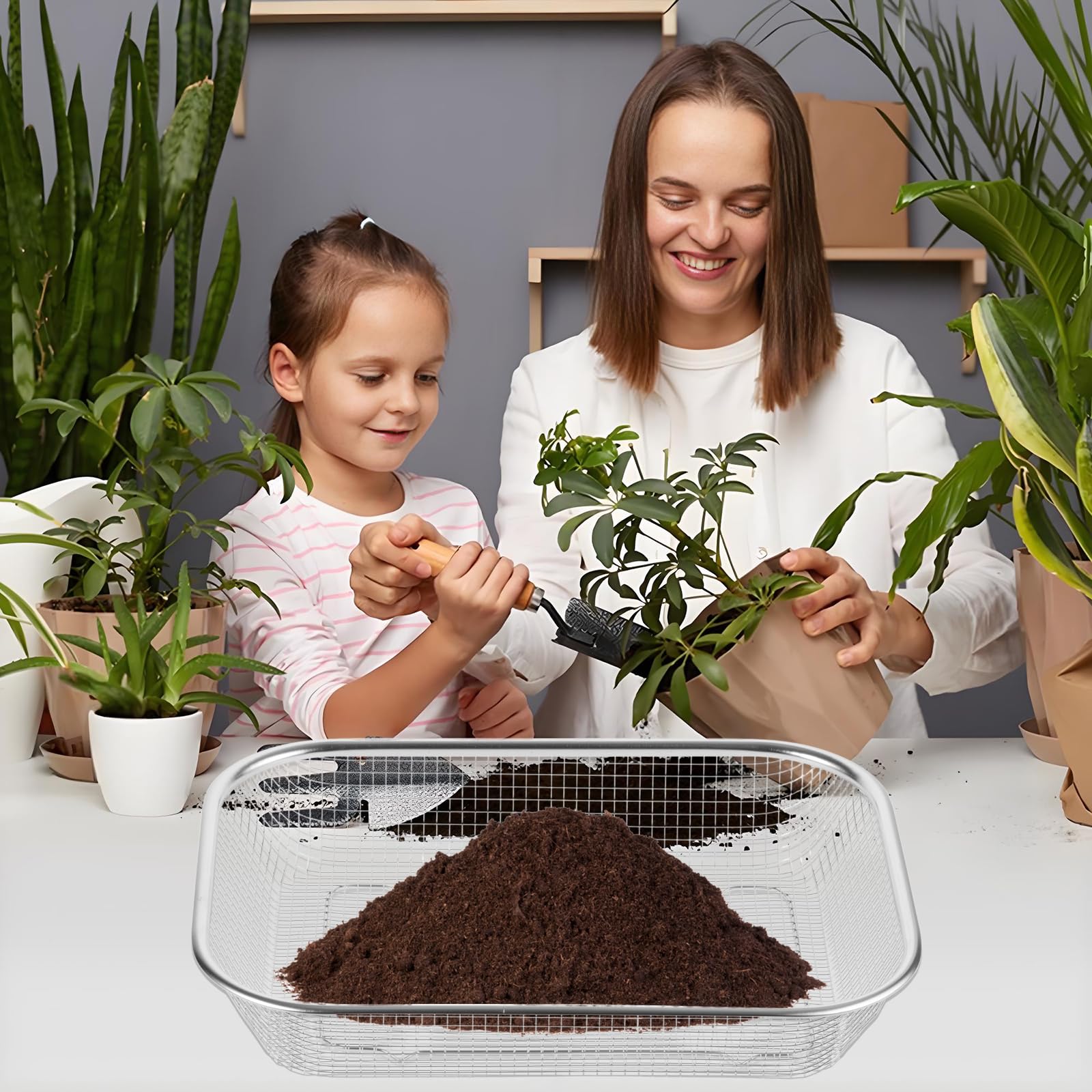 2 setacci per terreno per giardinaggio, grande setaccio per roccia in acciaio inossidabile, setaccio quadrato per compost, setaccio per sabbia e sporco, cattura rocce e segatura per giardino (apertura