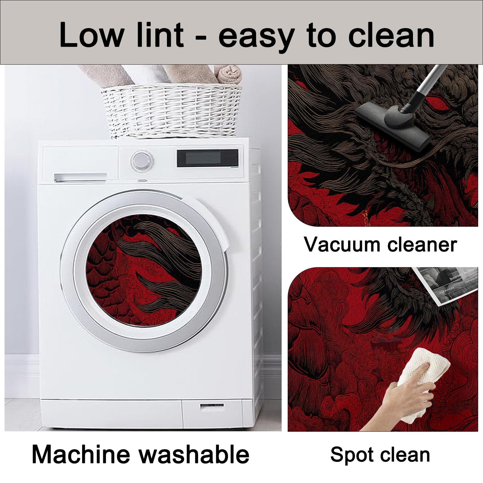 Tapis de Salon Lavable en Machine Rouge Oriental Dragon Lune Anime Faible Poil Antidérapant avec Motif Imprimé Tapis Chambre pour la Chambre à Coucher, 120 x 170 cm