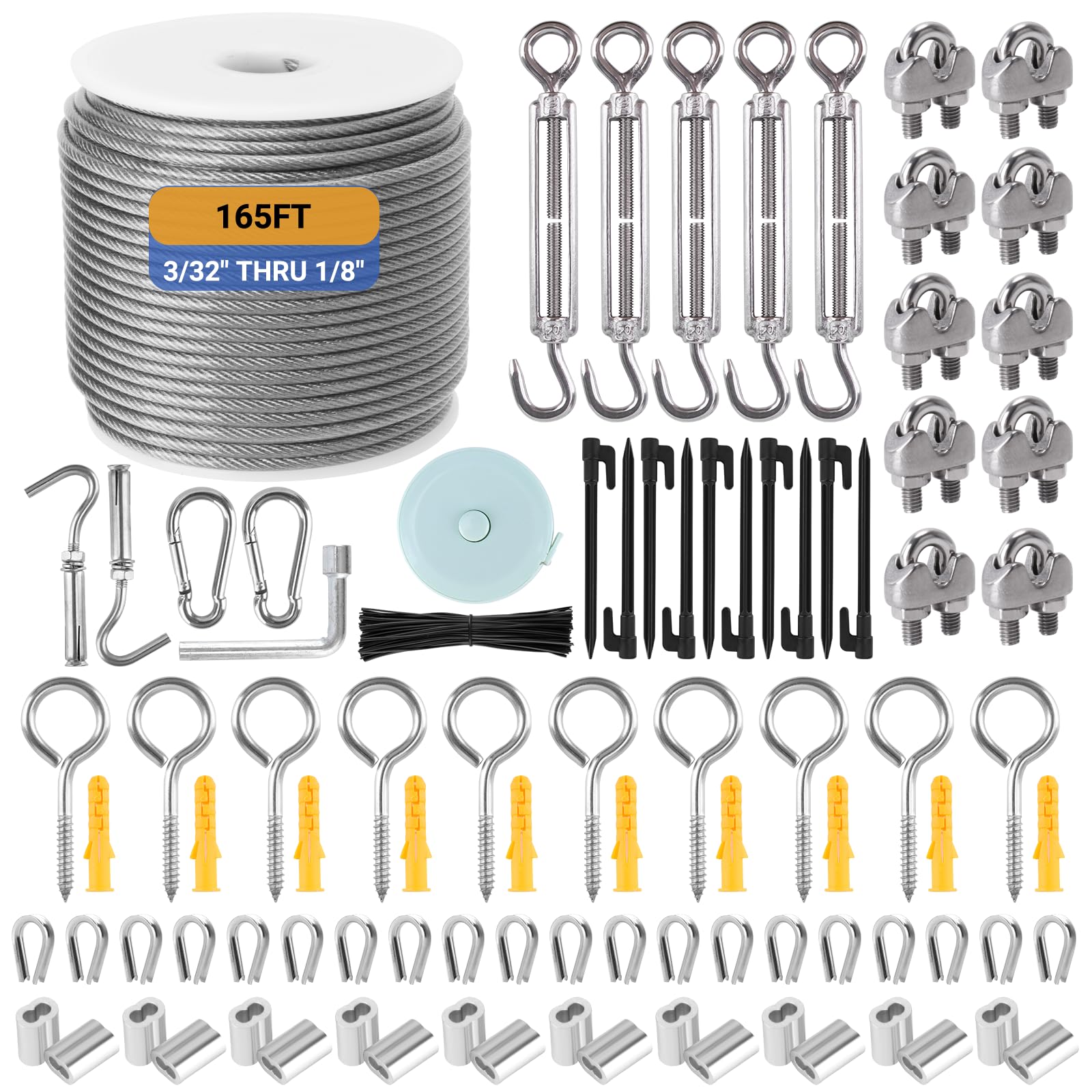 50m Câble Acier Kit, Câble Métallique en Acier Inoxydable Épais de 3mm, Tendeur Câble Inox avec Tendeur M5 de Fil, 304 Cable Acier Inoxydable à Noyau 7 x 7 Brins pour Plante Grimpante, Corde à Linge