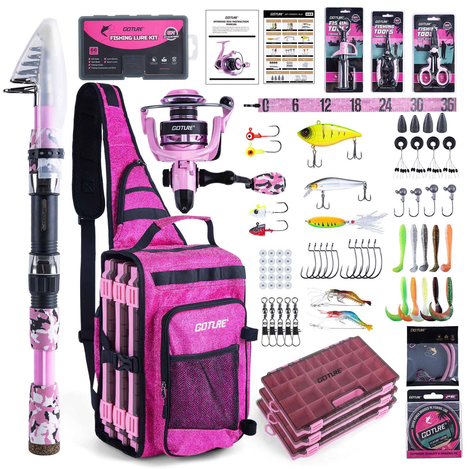 Goture Bling Pink Fishing Rod and Reel Combos with 20L Sling Bag, Telescopic Pole Spinning Reel Lures 3 Tackle Boxes Set, Telescopic Fishing Rod Fishing Kit for Travel Saltwater Freshwater 2.4M A2