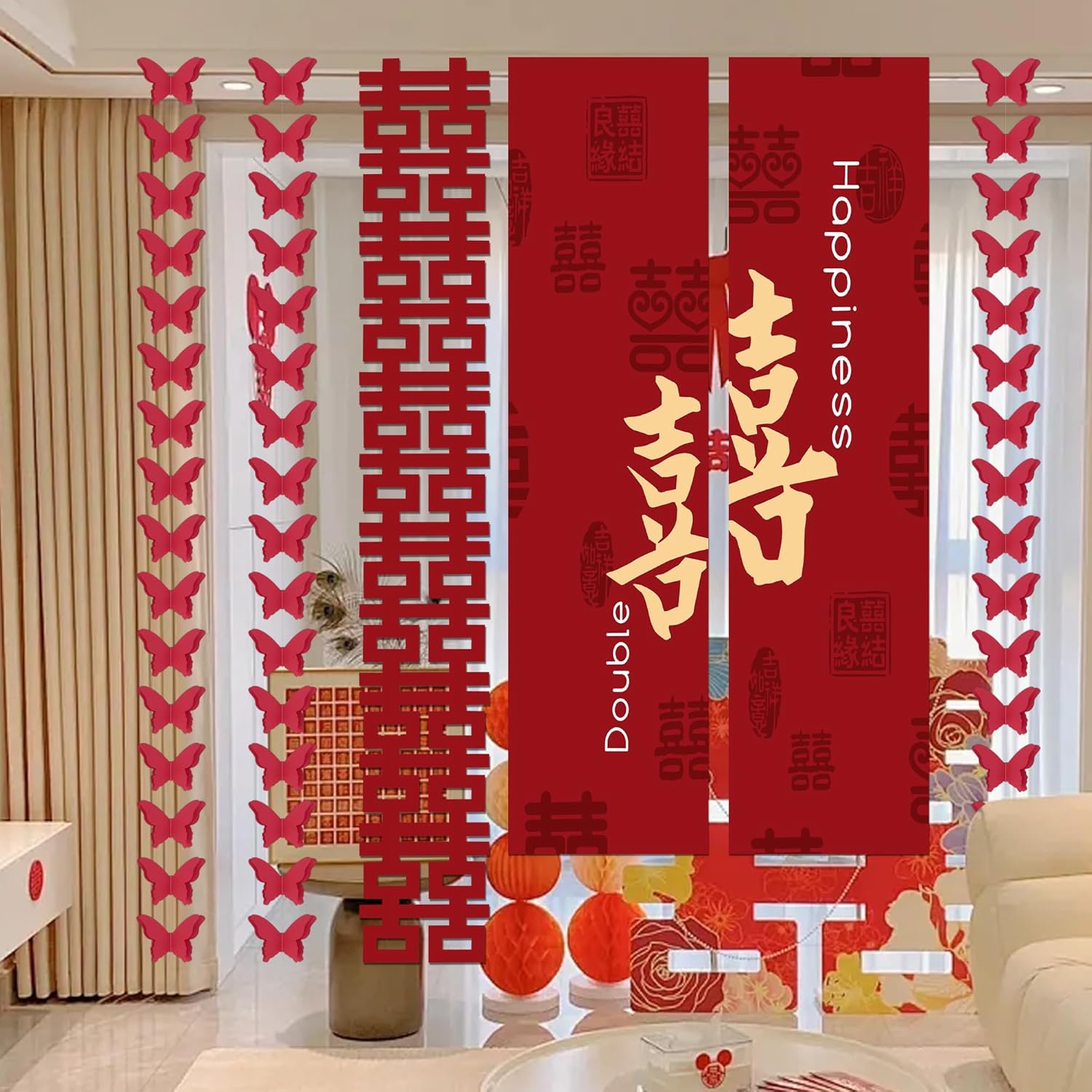 HannaFires 6PCS Wedding Party Double Happiness Decoration Set – Red Xi Banner with Butterfly Garlands & Long Scrolls, Traditional Wedding Room or Hotel Décor for Bride and Groom, Meaningful Gift