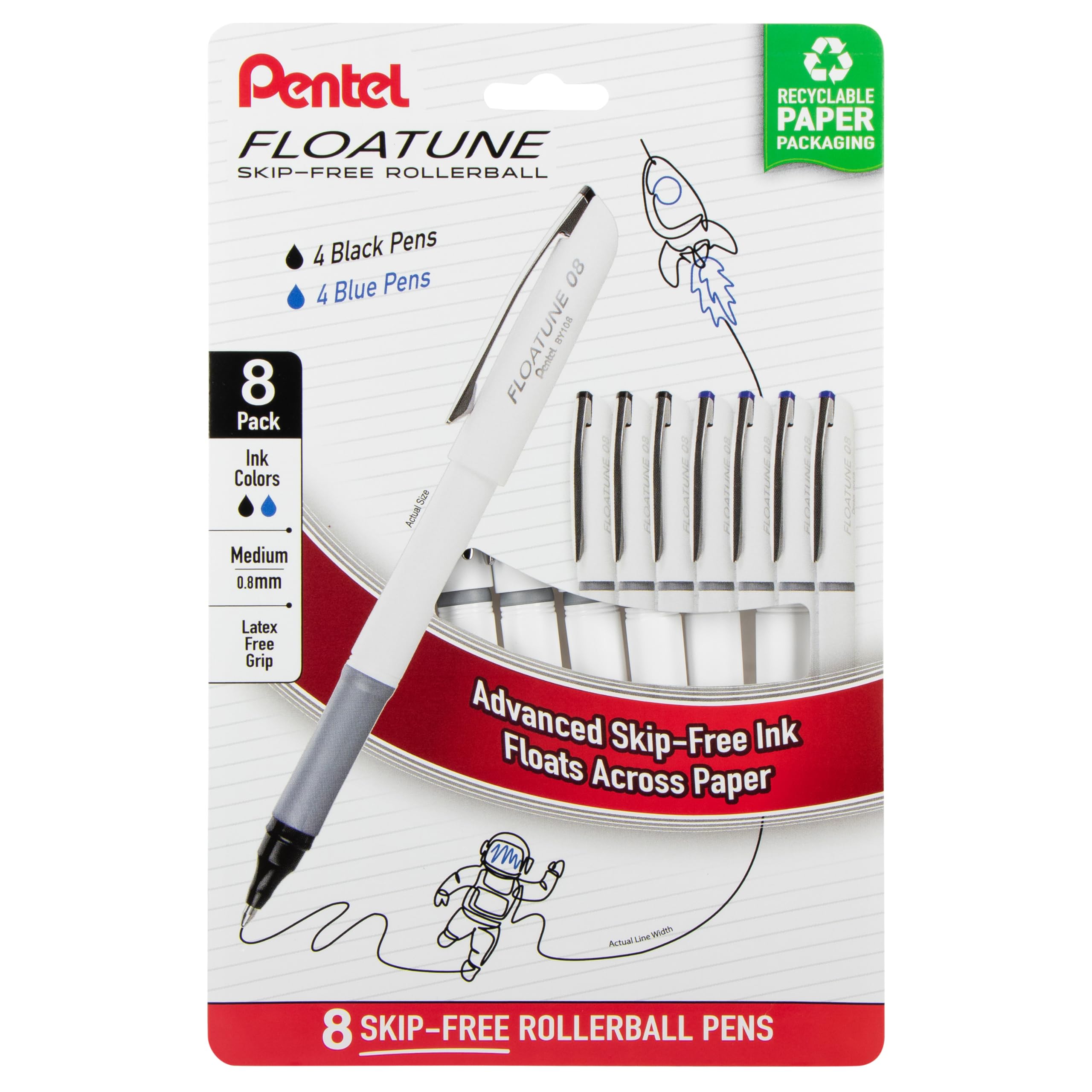 Pentel Floatune Rollerball Pens 12-Pack - 0.8mm Medium Black Ink Skip-Free Writing