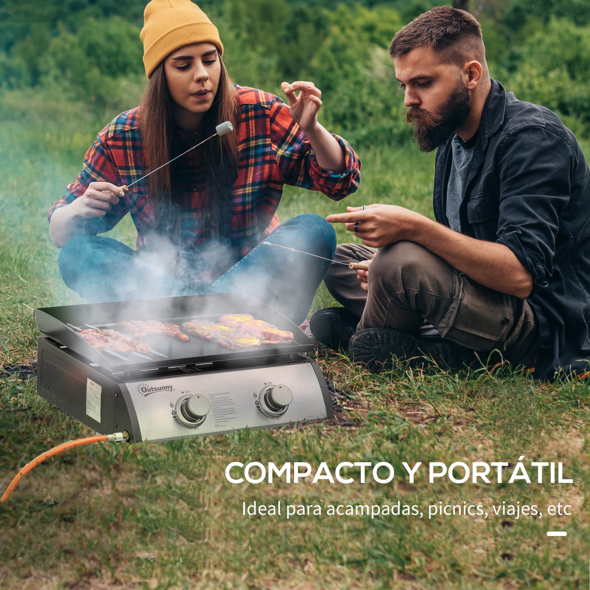 Outsunny Plancha de Gas Sobremesa con 2 Quemadores de Acero Inoxidable 6kW Barbacoa Portátil con Plancha para Picnic Camping 48,5x48x21cm Negro Plata