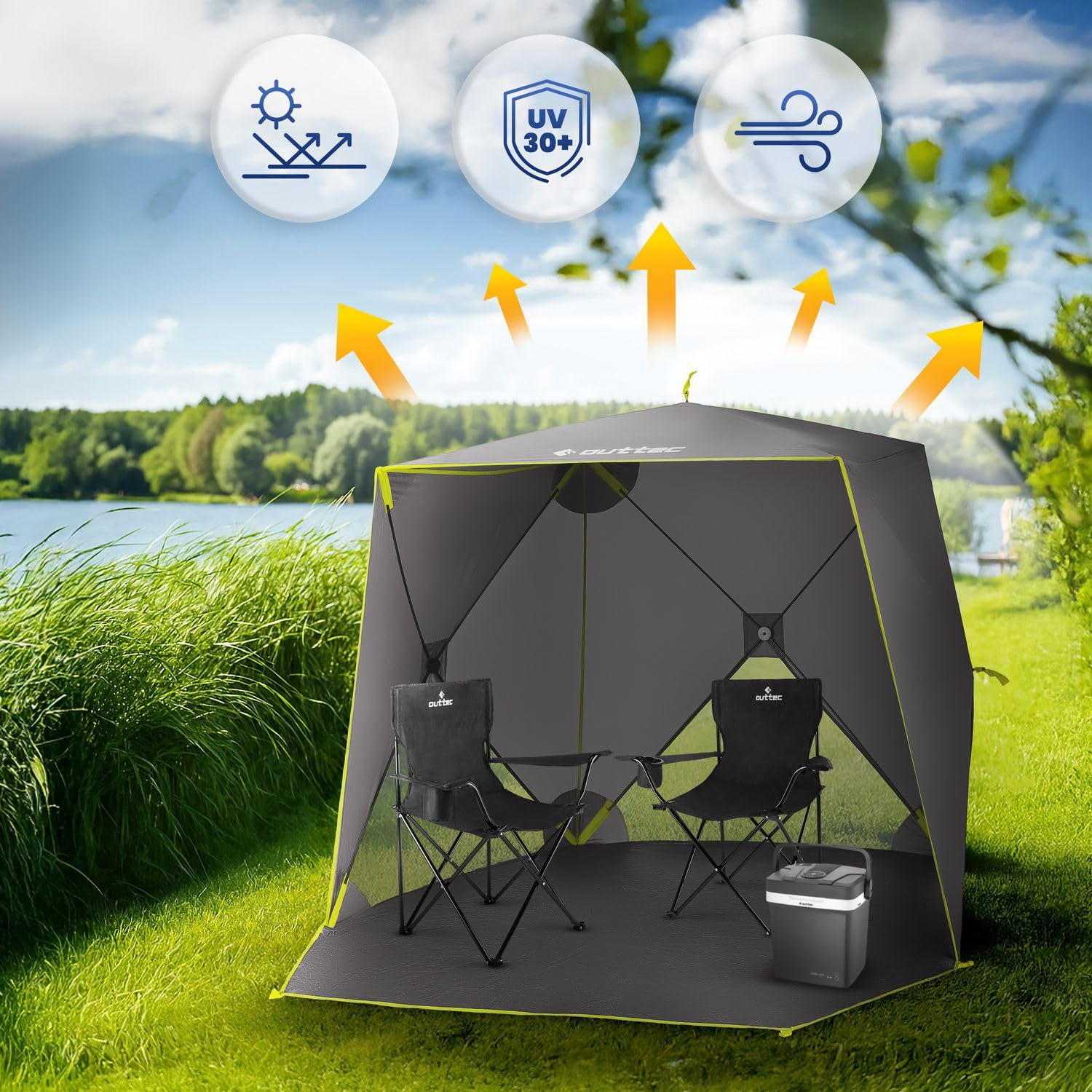 Angelzelt 210x210x160 cm Wasserdicht, Schnellaufbau Wurfzelt mit Quick-Set-System, UV30+ Sonnenschutz, 360° Belüftung, Leicht, Kompakt, Stabil, Camping & Angel Zubehör Shade Camp