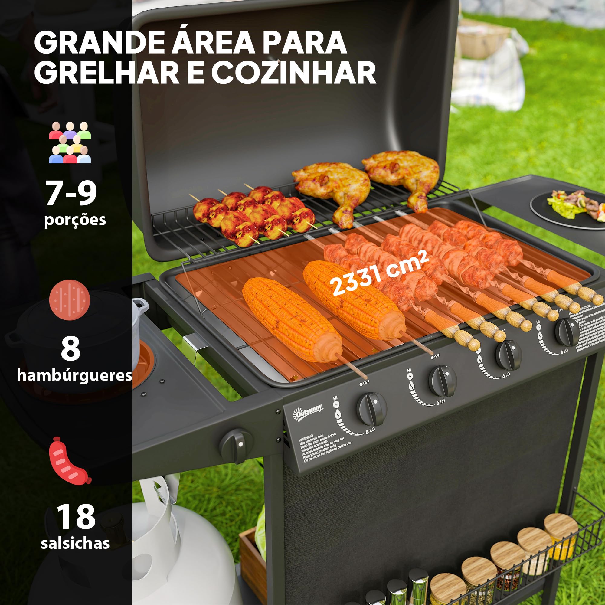 Outsunny Barbacoa de Gas BBQ Gas con 4+1 Quemadores 12 kW Barbacoa Portátil con Estante Especiero Termómetro Mesa Lateral 2 Ruedas Parrilla Recogedor de Grasa para Exterior Jardín Camping Negro