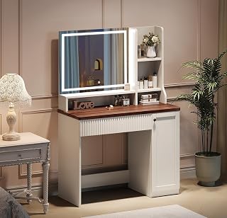 Dripex Tocador con Iluminación, Espejo y Mesa de Vestir Moderna - 3 Colores con Brillo Ajustable para Maquillaje - Estilo Vintage Marrón