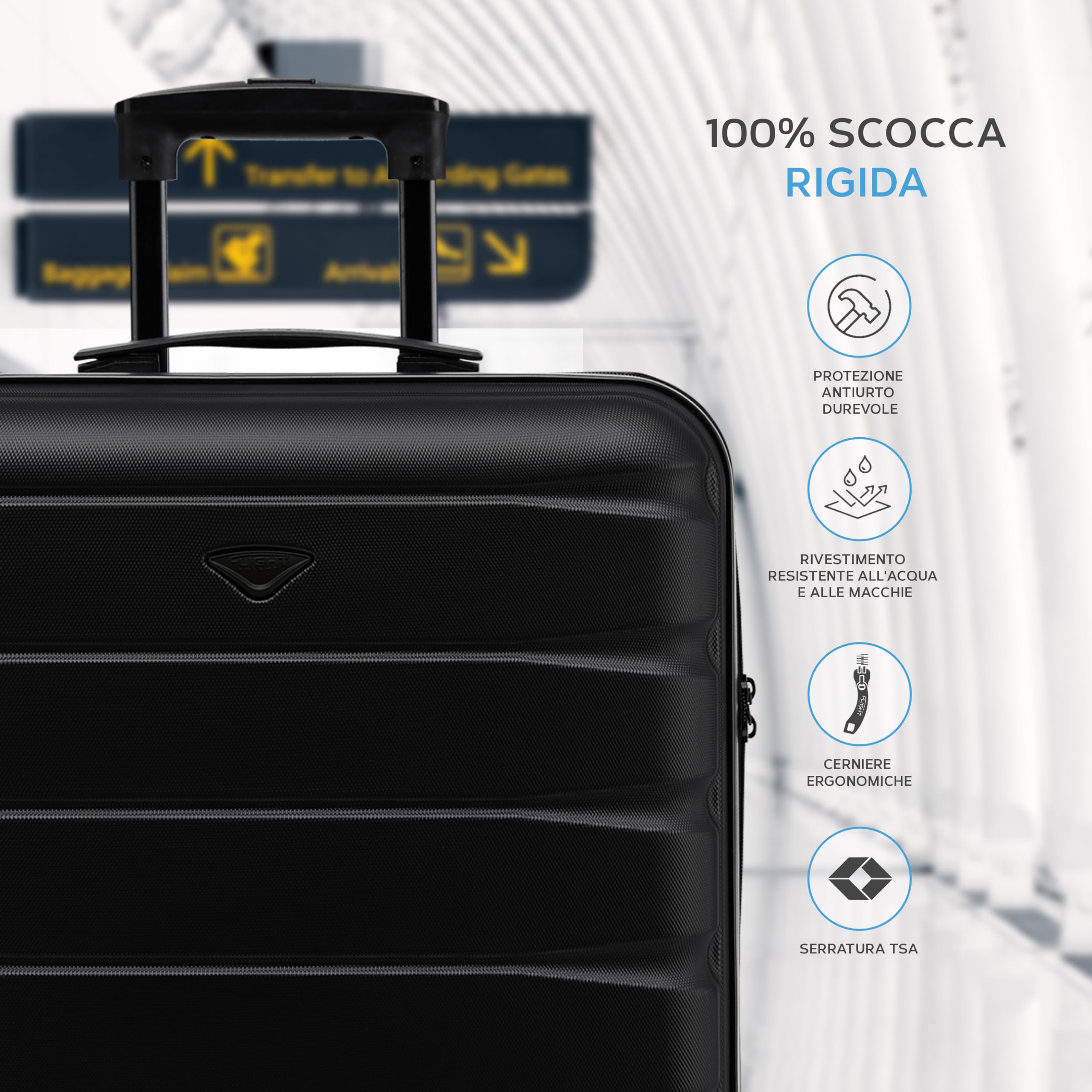 Flight Knight ABS Valigia Cabina Compatibile con Air France, Hop! easyJet, Ryanair E Molti altri! Bagaglio a mano Legere Borsa Cabina con 4 ruote, Nero/Nero, 56x45x25cm (TSA), bagaglio a mano,