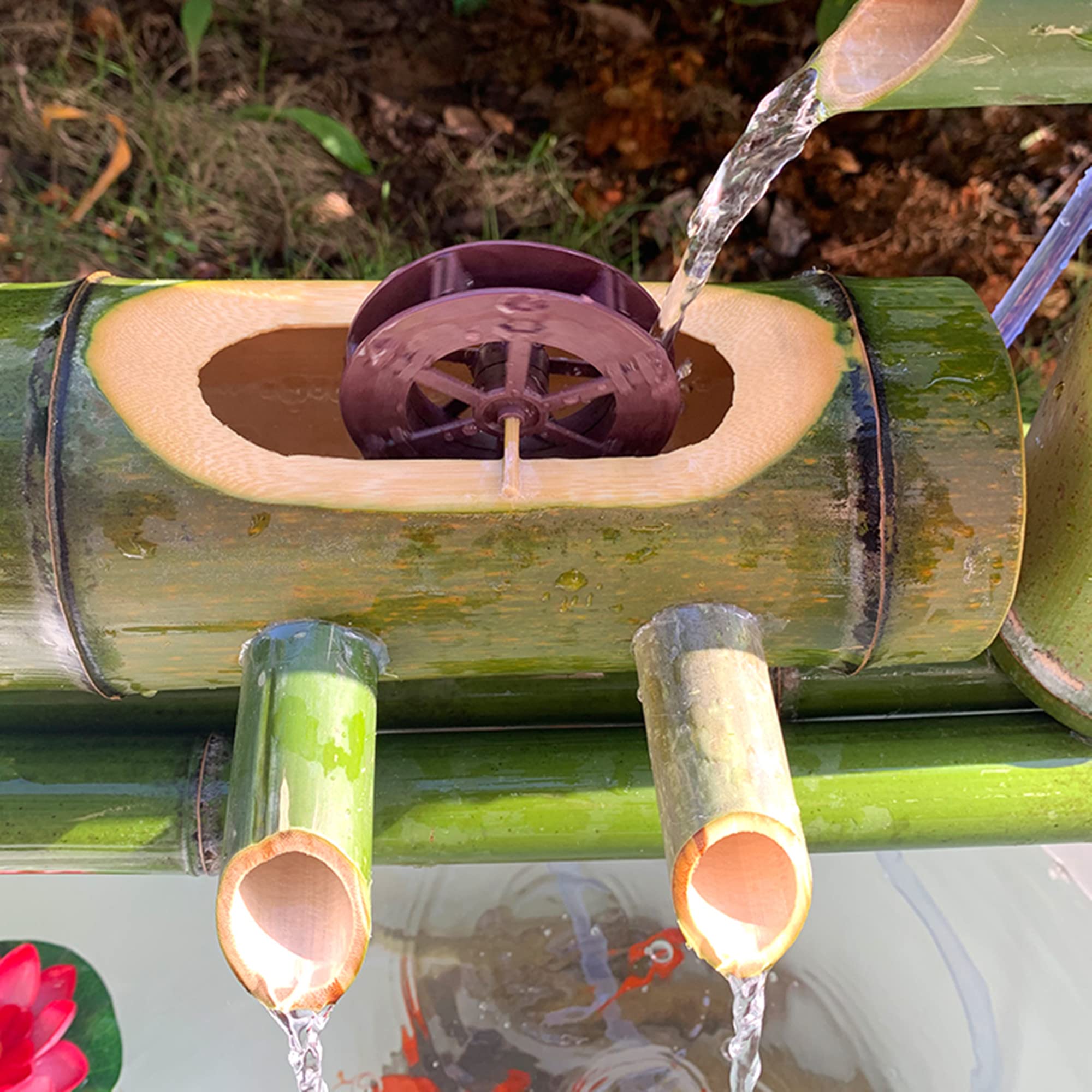 Fontana D'Acqua In Bambù, Fontana Con Mulino A Vento Rotante Per Decorazione Da Giardino, Sistema Di Circolazione Dell'Acqua A Flusso Multidirezionale, Per Laghetto, Roccia, Vasca In Pietra, 90 Cm, 3