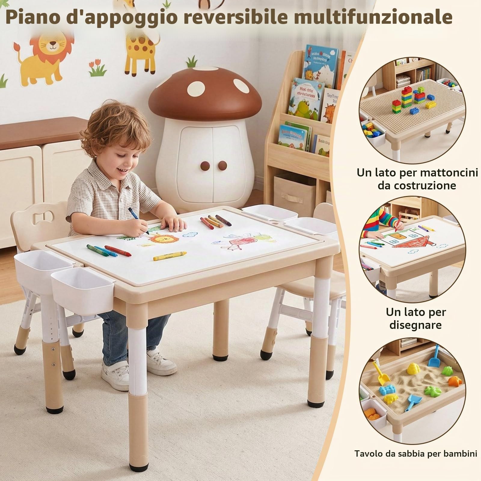 MAMIZO Tavolo per bambini con 2 sedie, tavolo per attività per bambini regolabile in altezza, con vano portaoggetti, piano letto reversibile per graffiti e mattoncini da costruzione, mobili per aula