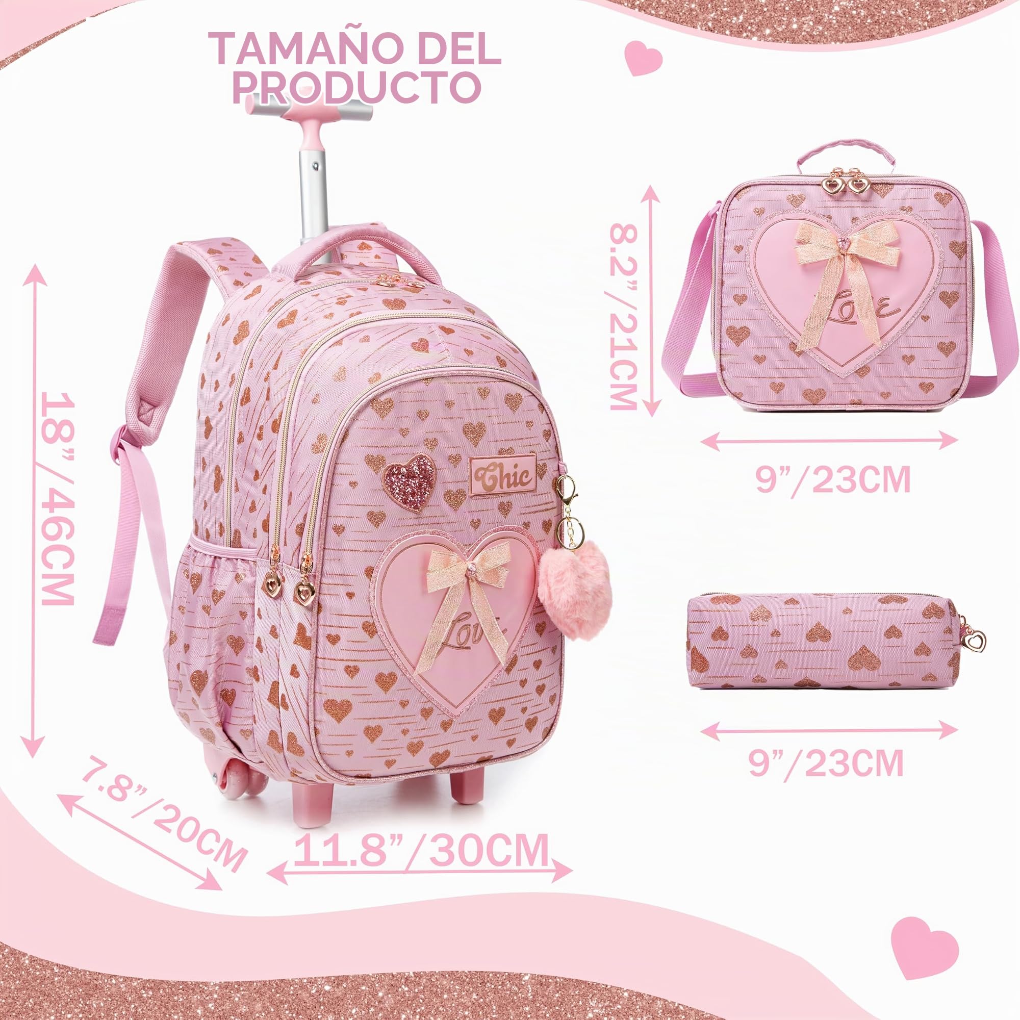 HTgroce 3 en 1 Mochila Escolar Con Ruedas Mochilas Trolley Escolares Con Ruedas Mochila Con Ruedas Niña Equipaje de Viaje 8 años