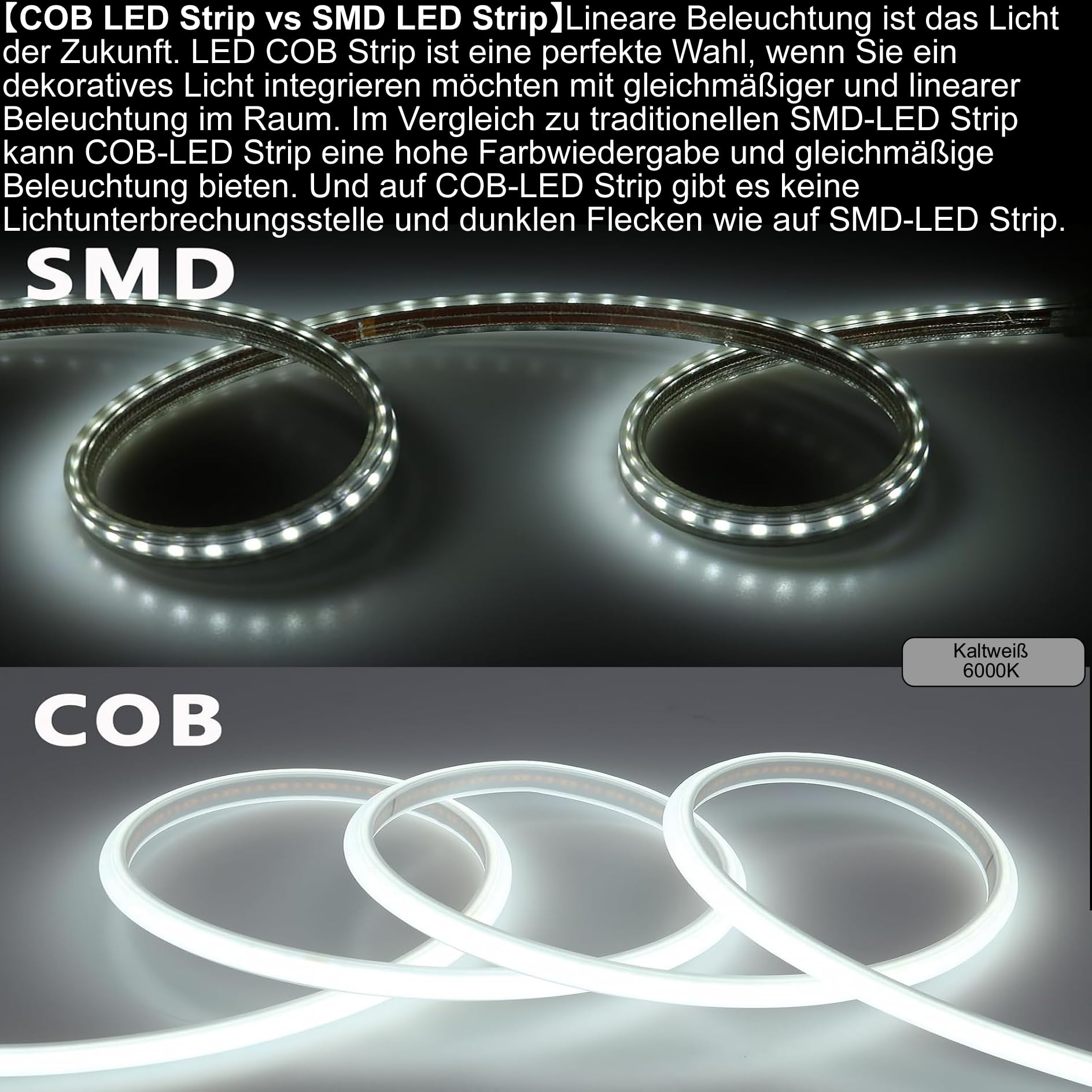 COB LED Stripe Set, LED Streifen Band Lichtschlauch Leiste Kette, Teilmöglichkeit aller 10 cm, 360LEDs pro Meter, IP20 Netzkabel mit Eurostecker (50 Meter, Kaltweiß (6000K), mit Schalter)