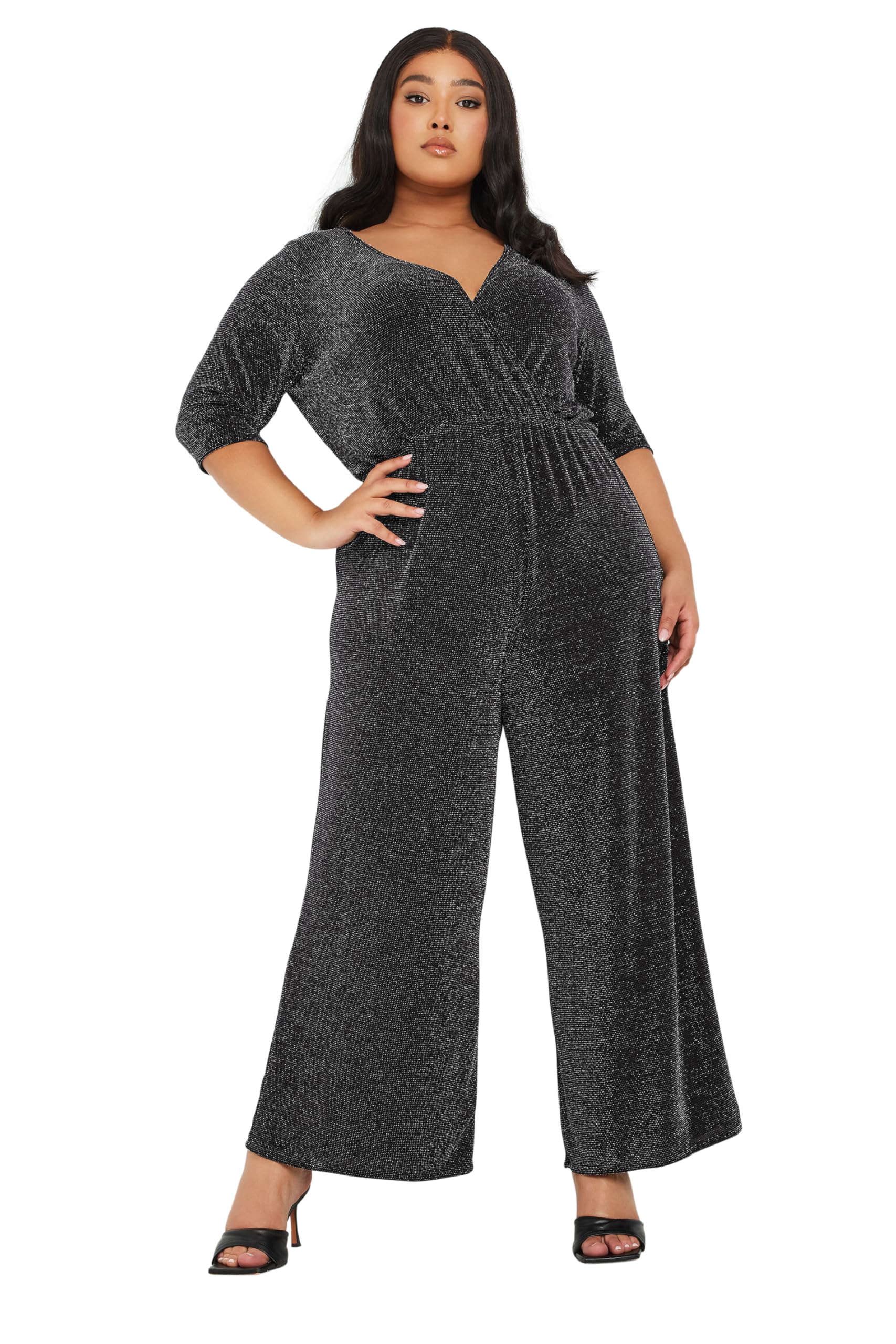 Yours Women's Black Curve Metallic Wrap Jumpsuit - Plus Size Curve