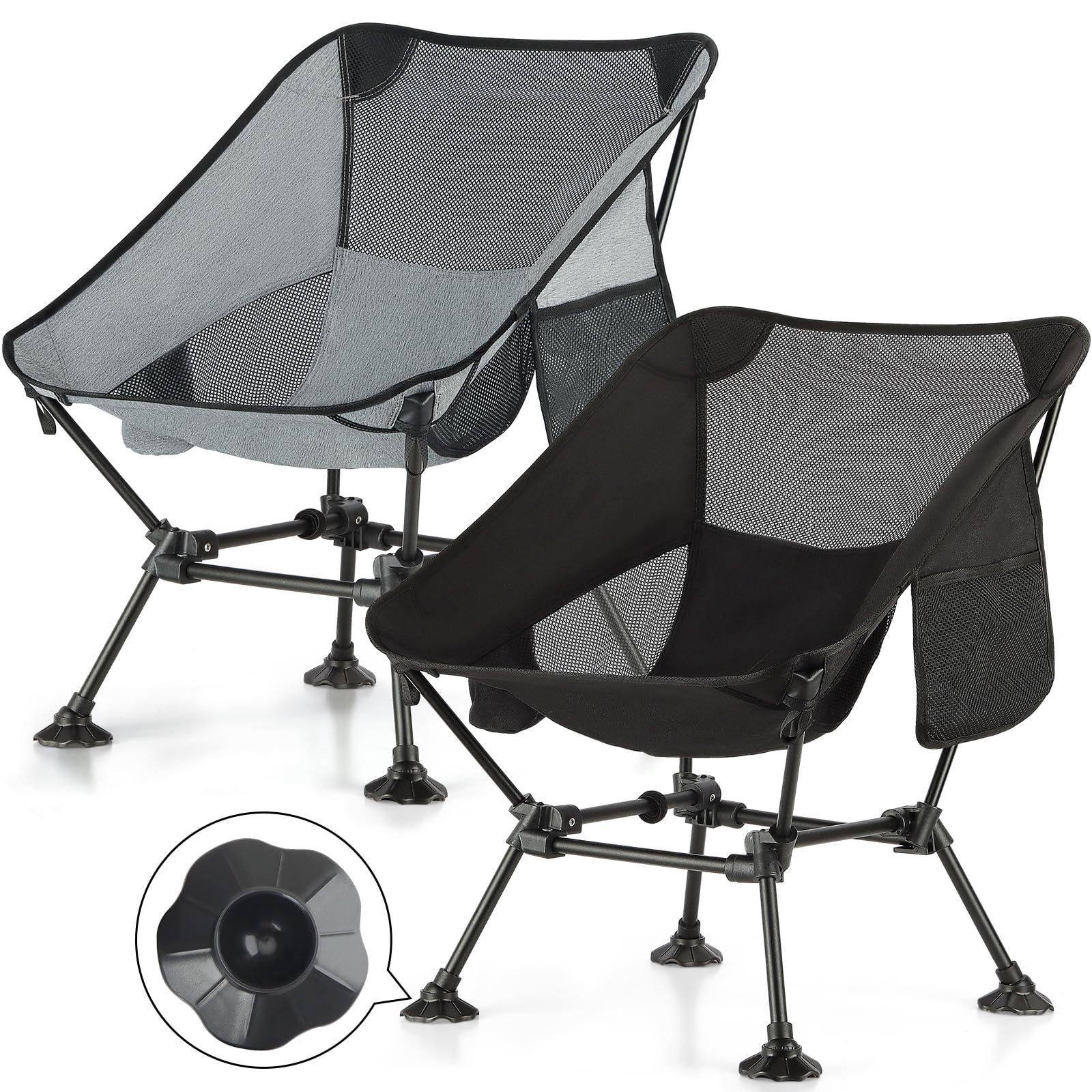 Camping Chairs Set - Lightweight Folding Chairs with Pocket and Cup Holder for Travel, Picnic, Hiking, Fishing - Black & Grey