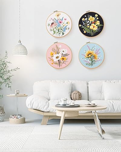 Miniatura 5 de Santune Paquete de 4 bordados de flores para principiantes y adultos, kits de punto de cruz para principiantes bordado a mano con patrones de