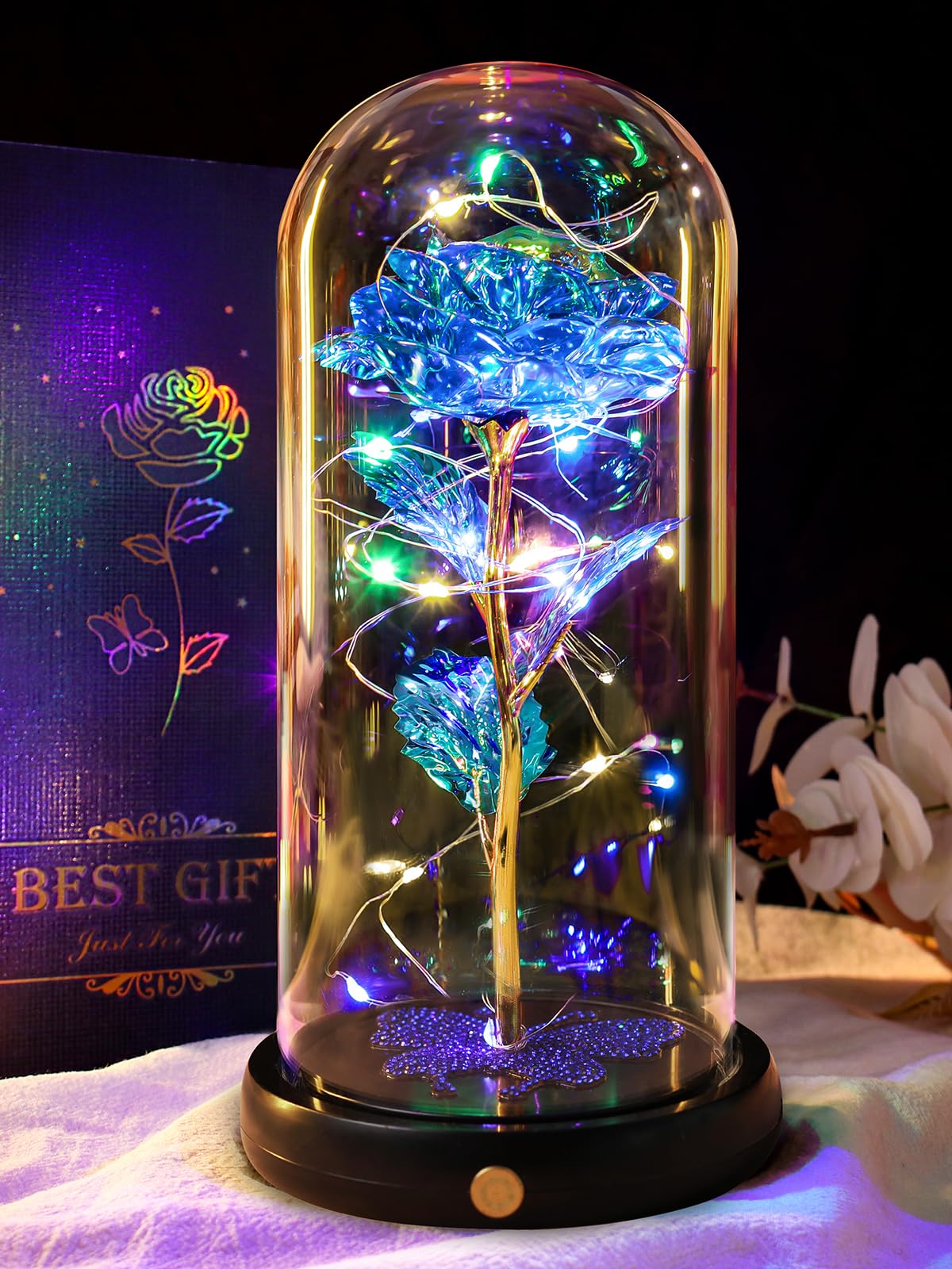 Deemei Women's Upgrade Usb Blue Mothers Day Galaxy Rose Gifts For Mum, Mother's Day Colorful Rose Gifts, Mothers Day Birthday Presents Light Up Rose In Glass Dome For Mum Wife Daughter Sparkling Rhinestone Butterfly For Mothersday