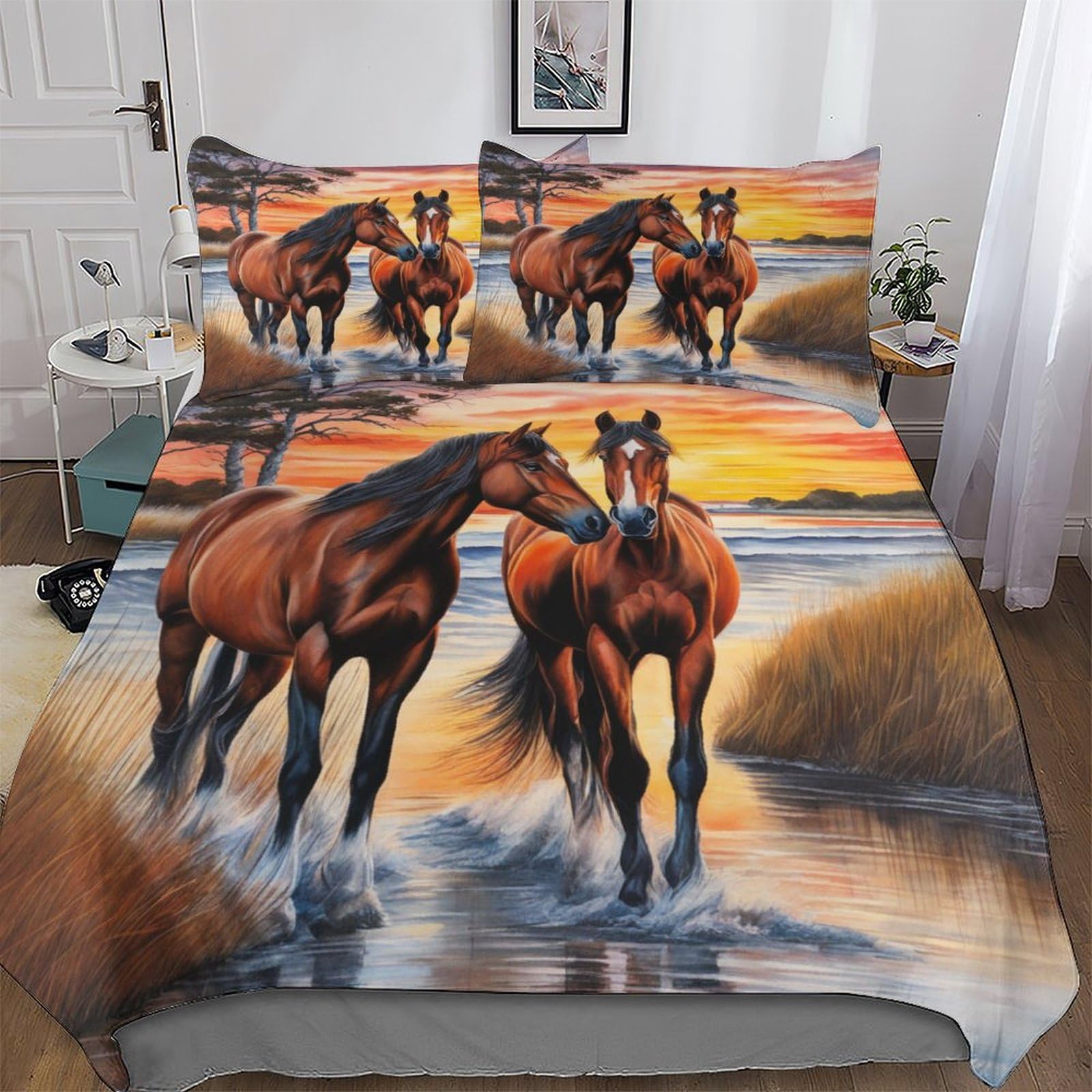 Housse de couette cheval 200x200 cm avec 2 taies d'oreiller en microfibre pour lit double
