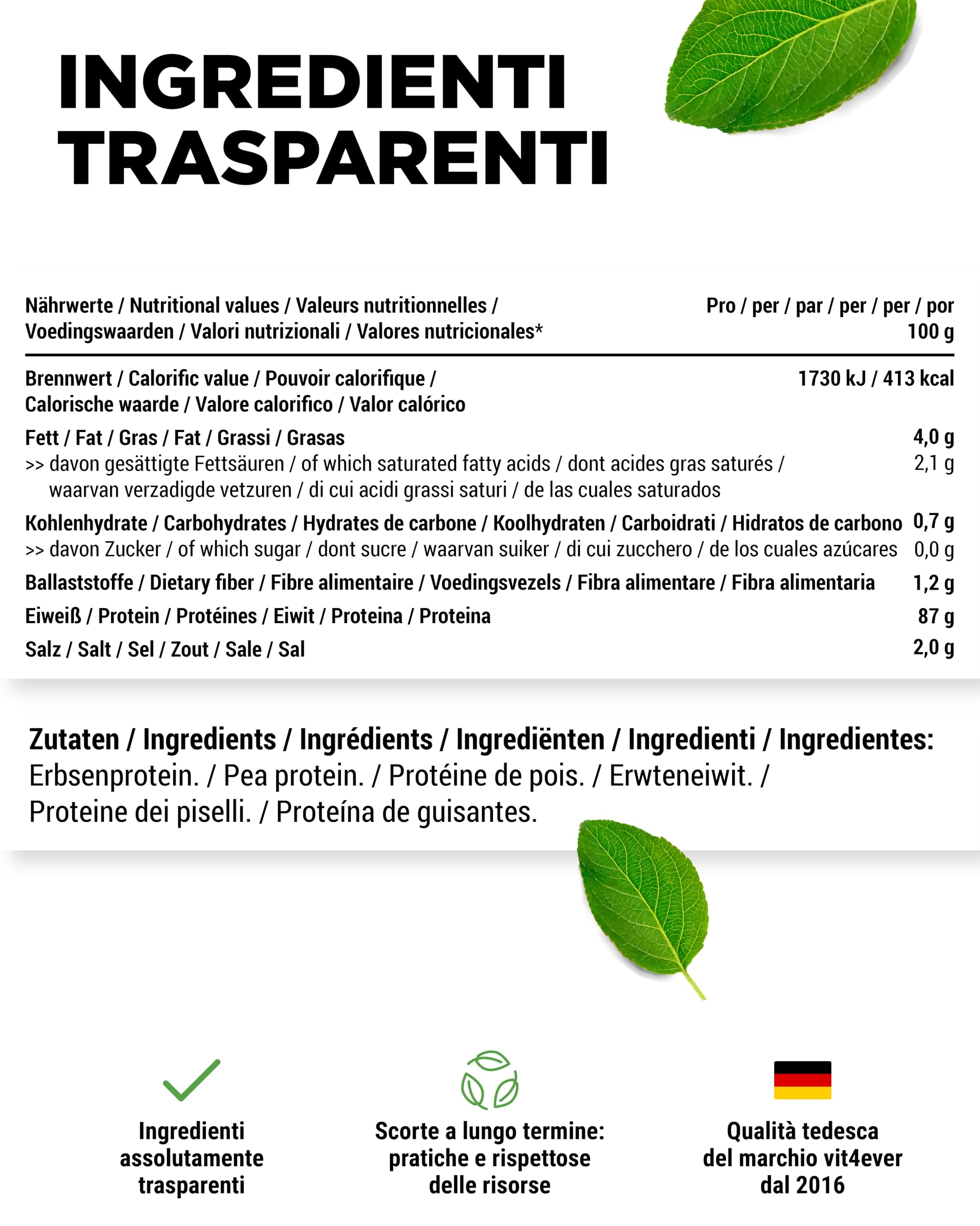 Proteine del Pisello in Polvere 1000 g (1 kg) - 87% Proteine - 100% Isolate (Pea Protein Powder) - Proteine Vegetali Vegane - Senza: Edulcoranti, Zucchero, Glutine, Soia, Lattosio - Origine Belgio