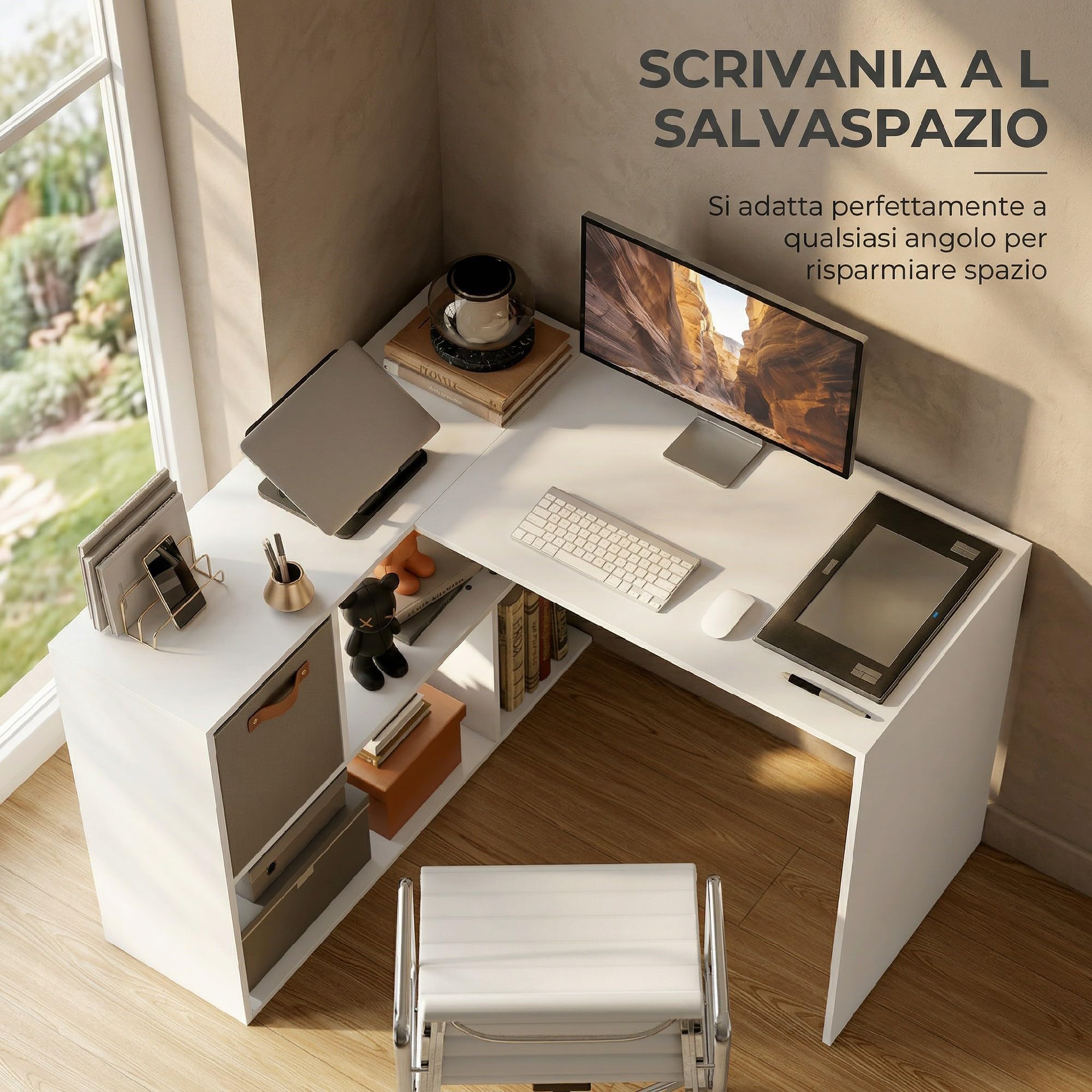 HOMCOM Scrivania Angolare per Computer 110x100 cm con Scaffale Bianco | Scrivania a L, Cassetto in Tessuto, Tavolo per PC, per Ufficio Studio e Camera da Letto, ad Angolo