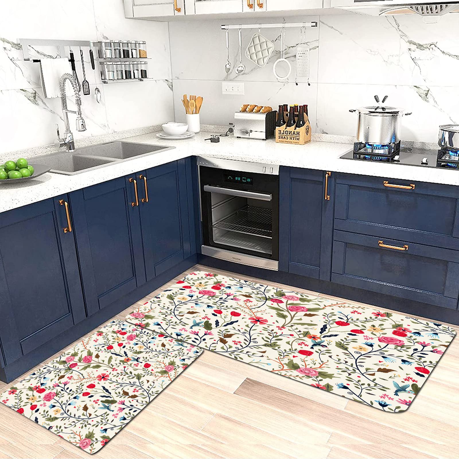 Set Di 2 Tappetini Da Cucina Con Uccellini Viola – Antiscivolo E Imbottiti – 19.7x27.15cm E 19.7x47.5cm