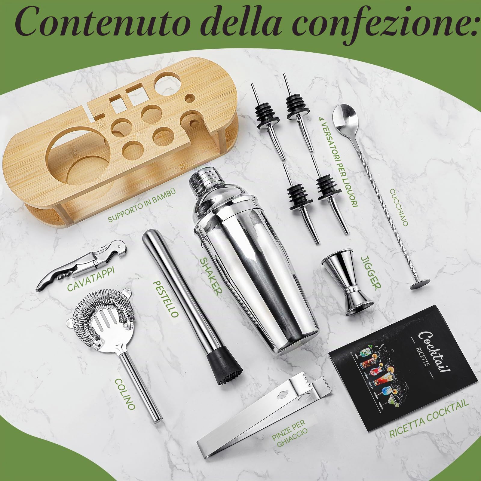 Set Shaker da Cocktail con Supporto, Set Cocktail Professionale in Acciaio Inox, Set Bar 12 pezzi per Miscelare le Bevande, Regali Donne Uomini Amanti dei Cocktail, Shaker da Cocktail Home Essentials