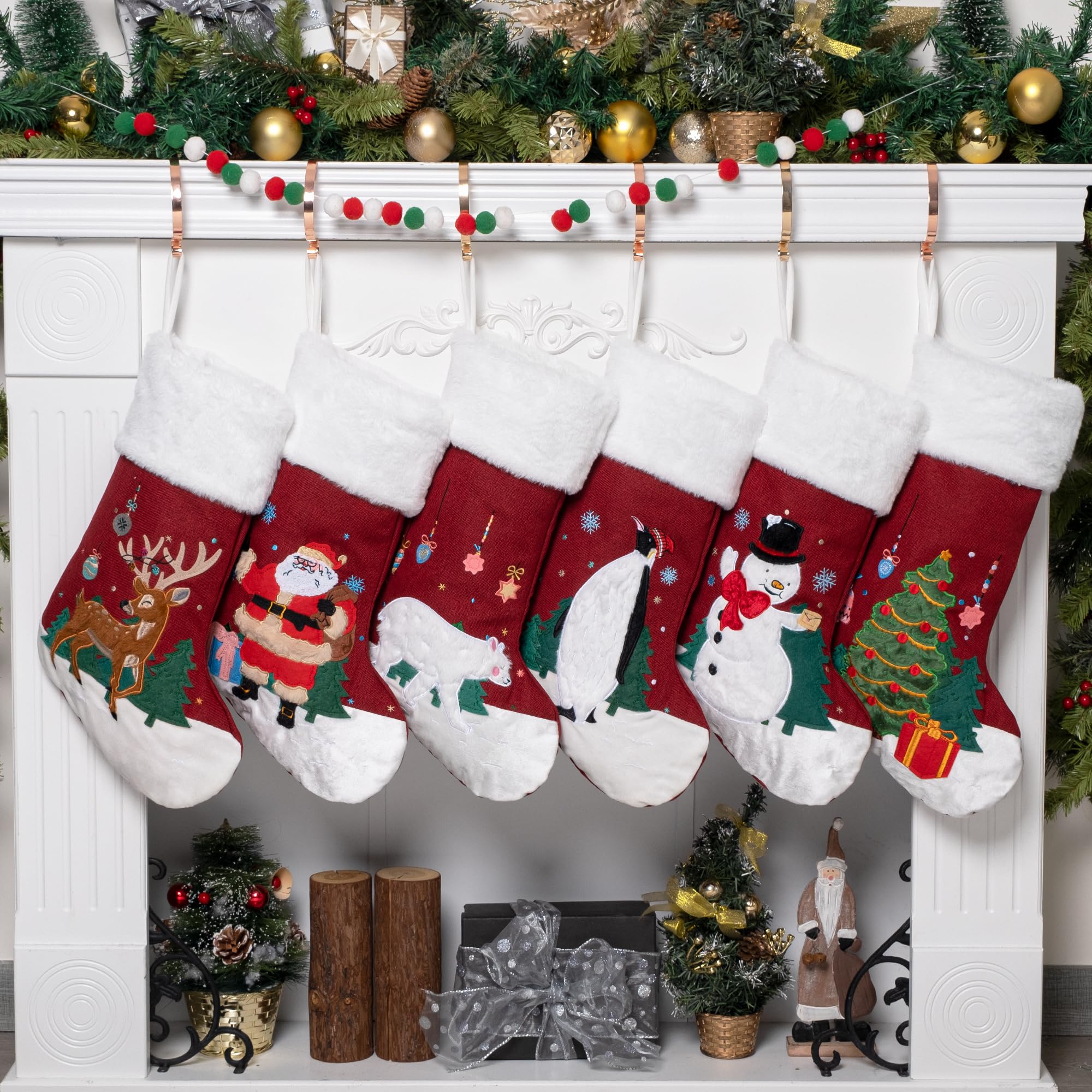 GEX 2023 New Christmas Stockings for Family 20" New Classic Fireplace Decorations Hanging Ornament Red Xmas Tree Holiday Party Decoration Set of 6