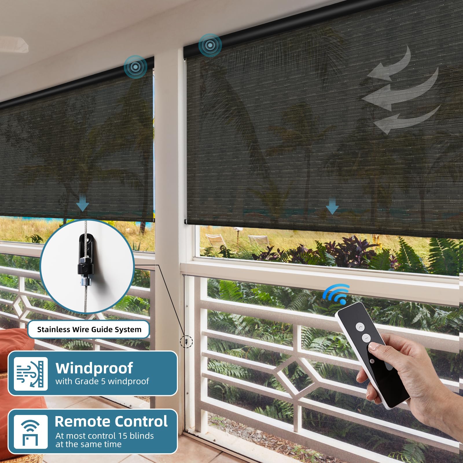 SmartWings Motorized Outdoor Patio Shades, Compatible with Zigbee/Alexa/Z-Wave/Homekit, Remote Control Roller Blinds with Smart Motor, Exterior Solar Shades Weatherproof & Sun Blocking, Black God