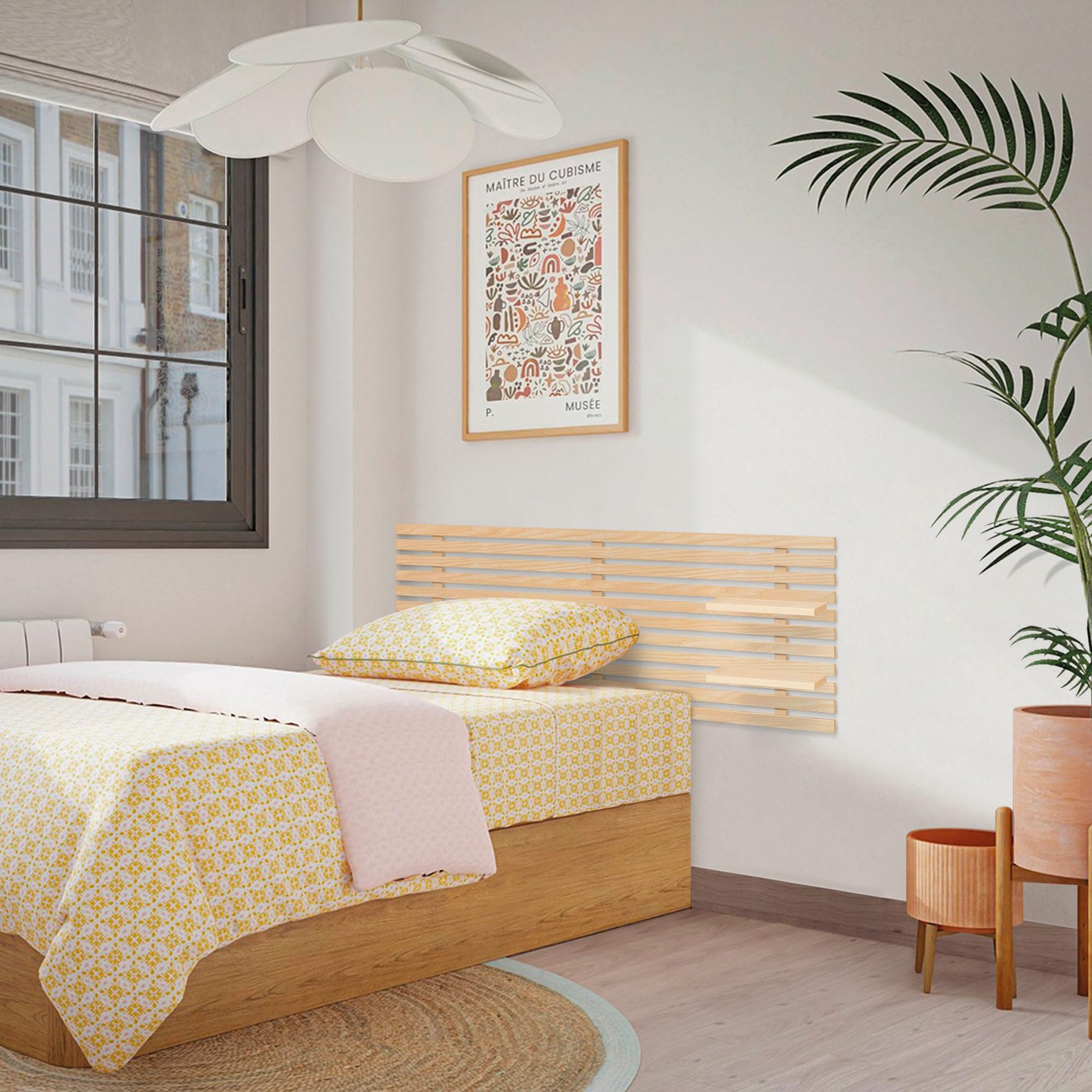 DHOME Cabecero con Estantes de Madera reciclada DM Colgante Pared Estilo Japonés Cama Vintage Nordico Herrajes incluidos (Madera Natural, 135cm)