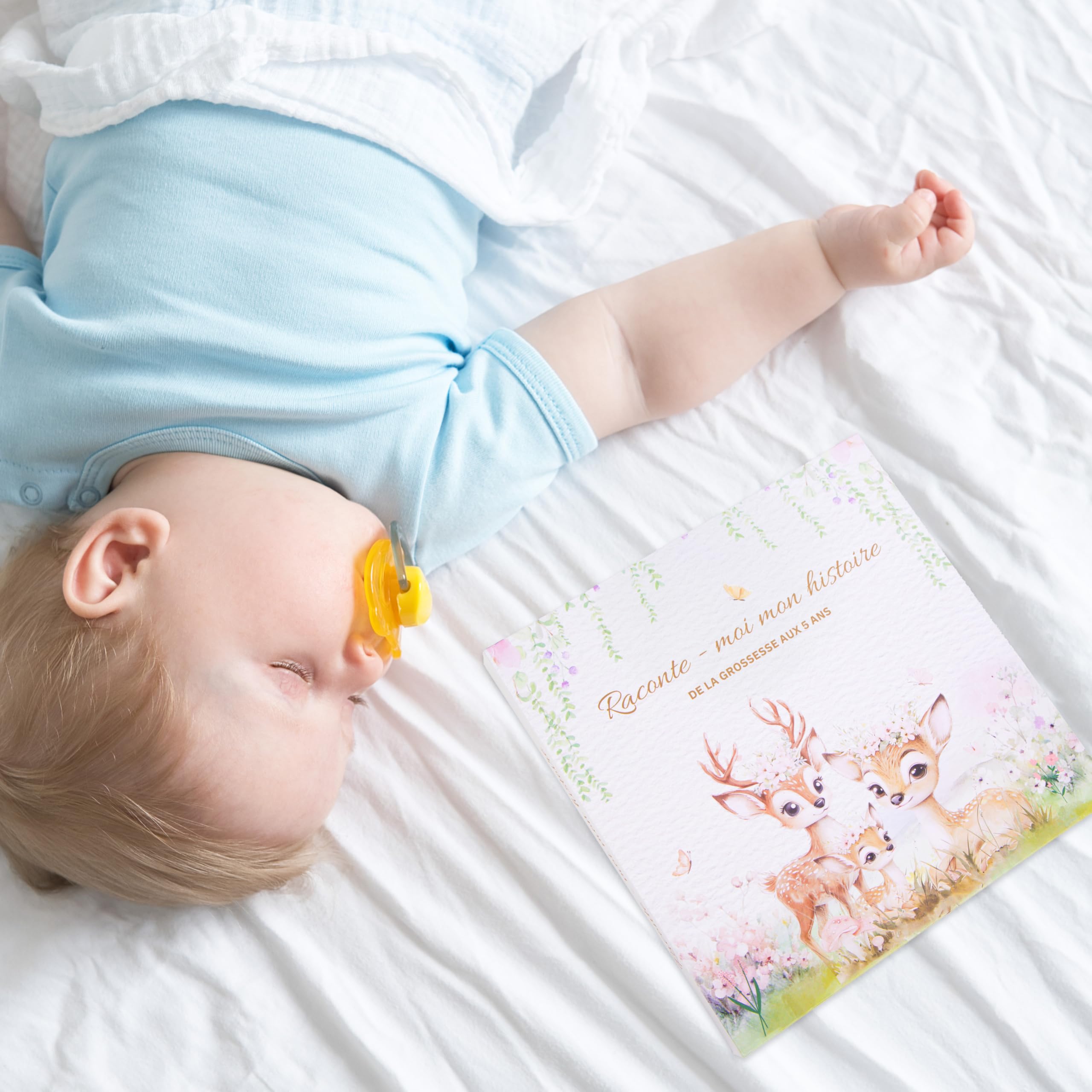 Libro de nacimiento para bebé (113 páginas, 13 cartas, mes al mes, bebé, 2 tarjetas, incluye el anuncio de padrina
