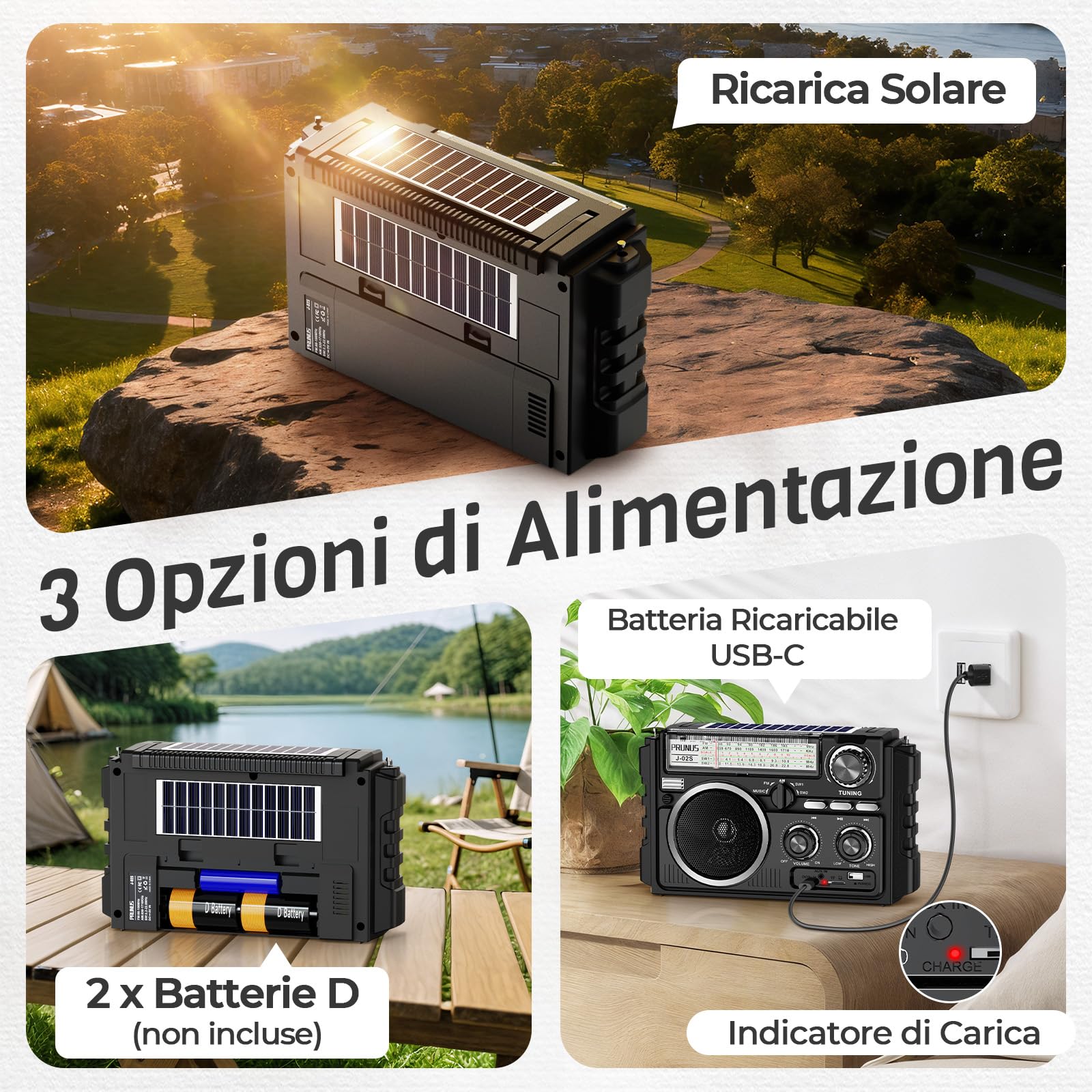 PRUNUS J-02 Radio Portatile Solare FM/AM/SW, Radio Bluetooth Ricaricabile con Batteria 1800 mAh o Pile D, Radiolina a Transistor a Doppia Antenna, Supporta TF/USB, per Casa, Campeggio e Emergenza.