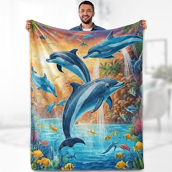 Sea Dolphin Blanket Gifts - Sea Aniamls Themed Dolphin Lover Throw for Women Kids Girls Boys Bedroom Living Room Decor Soft Fleece Cozy Birthday Christmas Lightweight Blanket 50"x60"