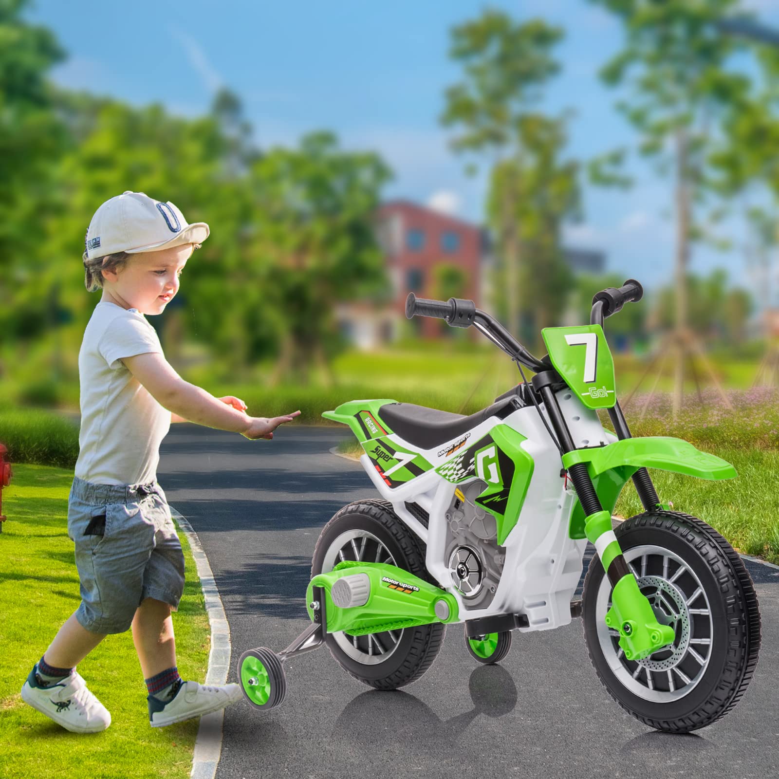 Luibas 12V 7AH Kids Ride On Motorcycle, Rechargeable Battery Powered Electric Dirt Bike, Off-Road Street Bike with Training Wheels, Spring Suspension, High/Low Speeds, Built-in Music, Green