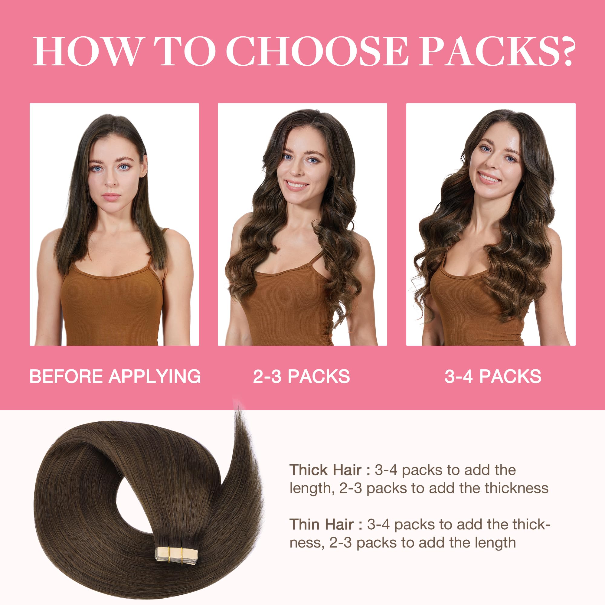GOO GOO Tape in Hair Extensions Human Hair, 20pcs 50g 16inch, Chocolate Brown Real Remy Hair Extensions Seamless Straight Human Hair Extensions - 5