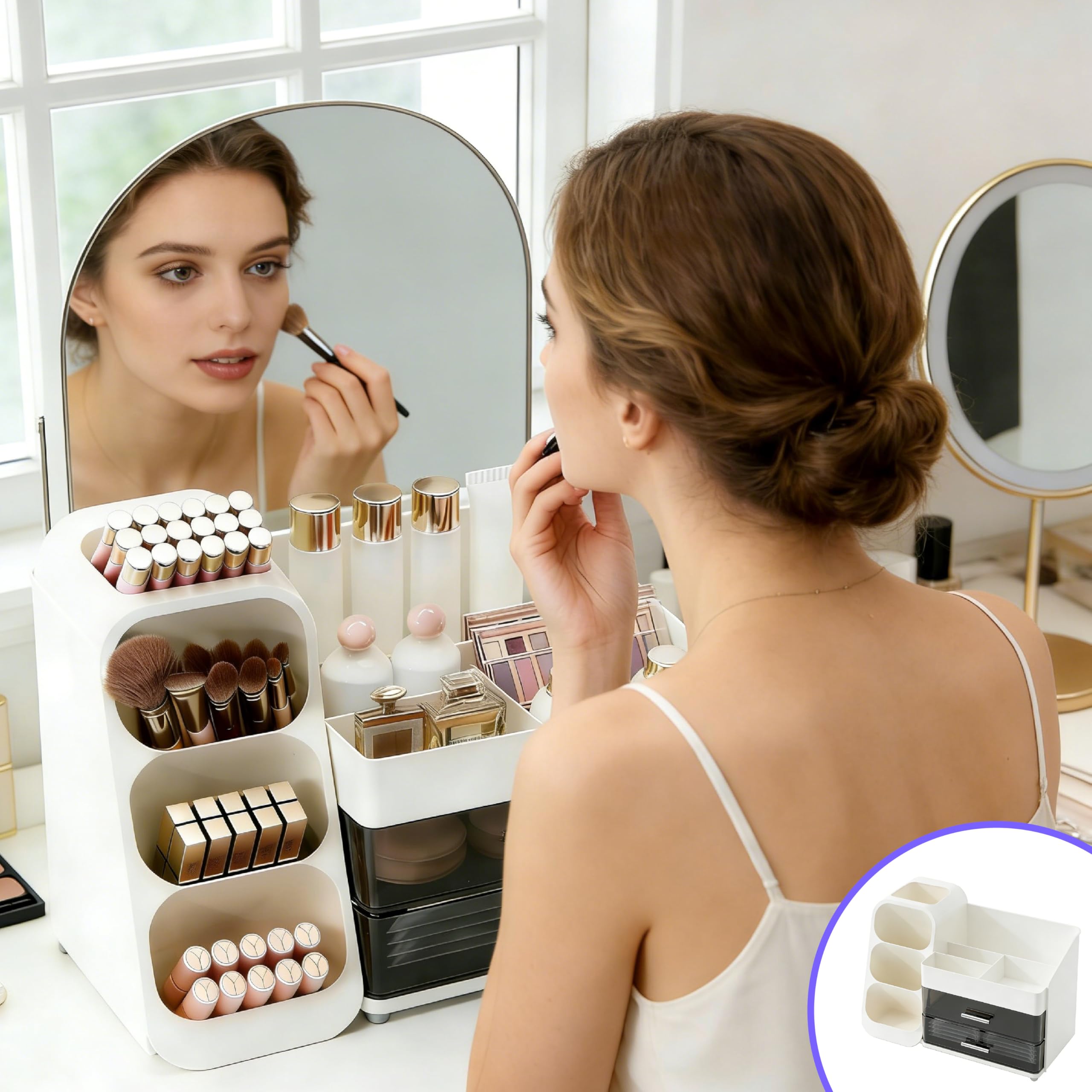 Großer Makeup Kosmetik Organizer mit Schubladen – 3-in-1 Aufbewahrungsbox für Pinsel & Kosmetik, stylischer weißer Aufbewahrungskasten für Ordnung und Stauraum auf dem Schminktisch