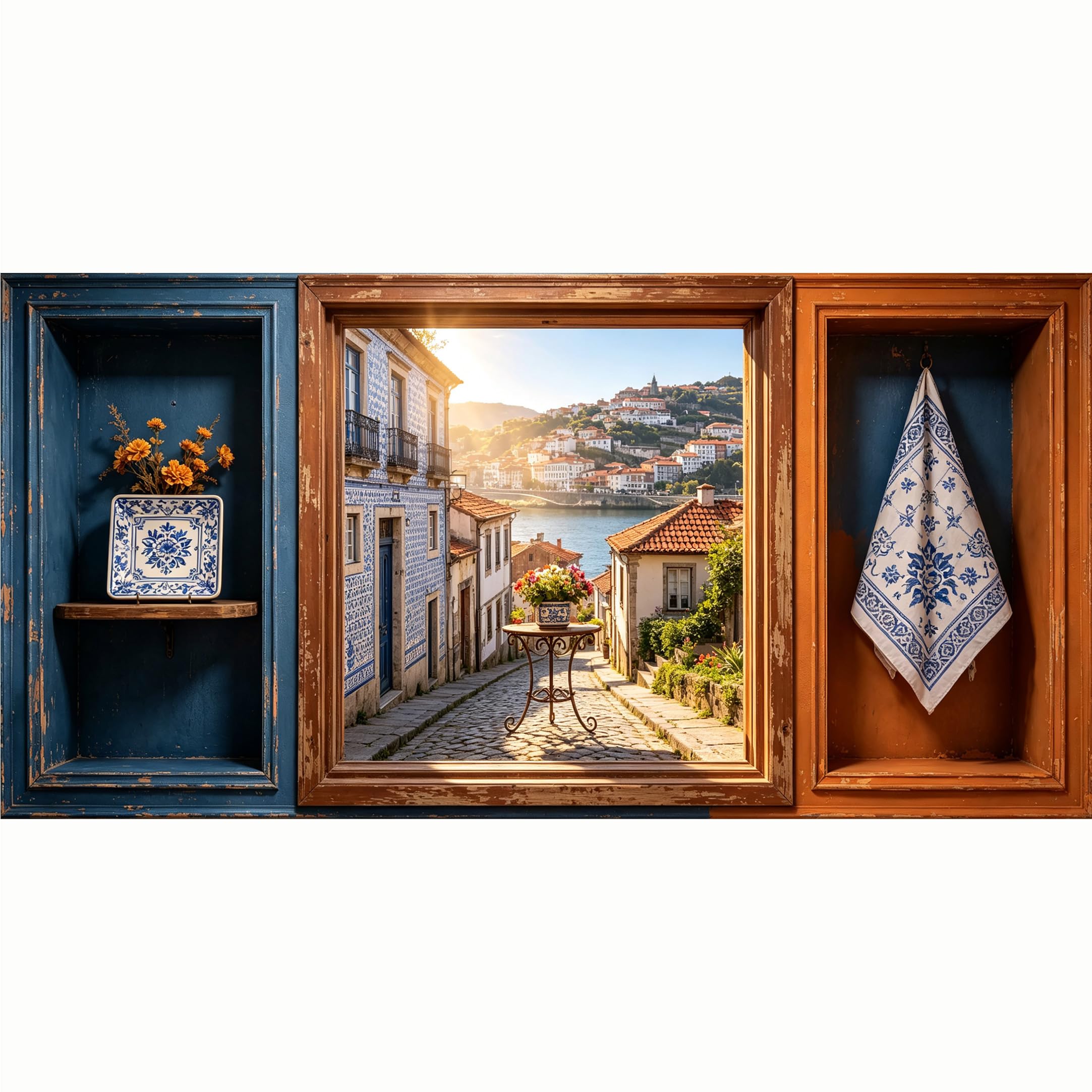 QZLITHOTIC 50x100cm 3D Framed Wall Art， Mediterranean Coastal Village Landscape SelfActivated Mural， WaterActivated Peel & Stick Fabric Decor Wall Decal for Bedroom Living Room