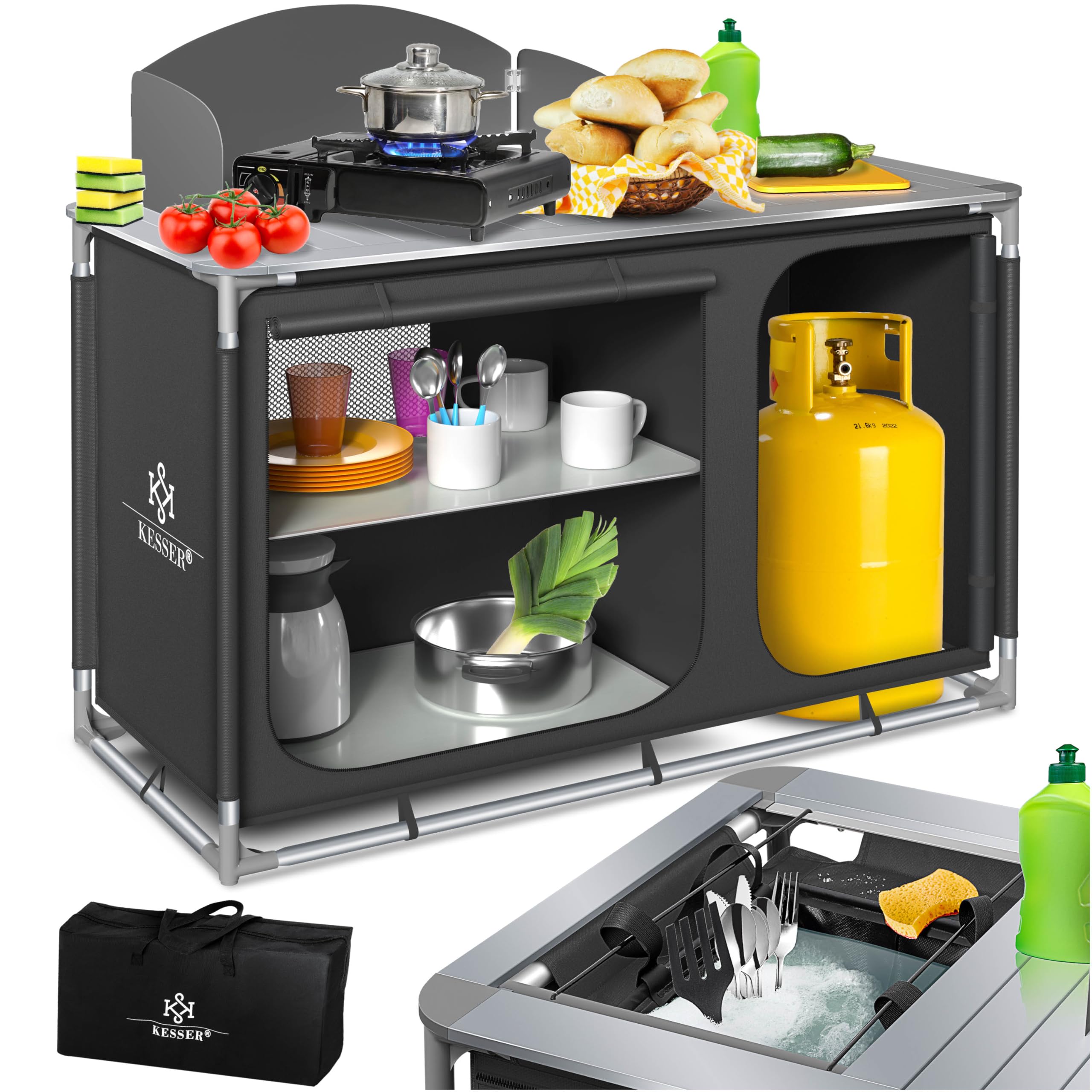 KESSER® Armario de Cocina de Camping, Cocina de Camping con Marco de Aluminio, Incl. Bolsa de Transporte, Armario de Cocina para el Camping, Muebles de Camping, Al Aire Libre